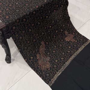 Naaz – Black Pashmina Stole with Classic Full Embroidery (28x80 inches)