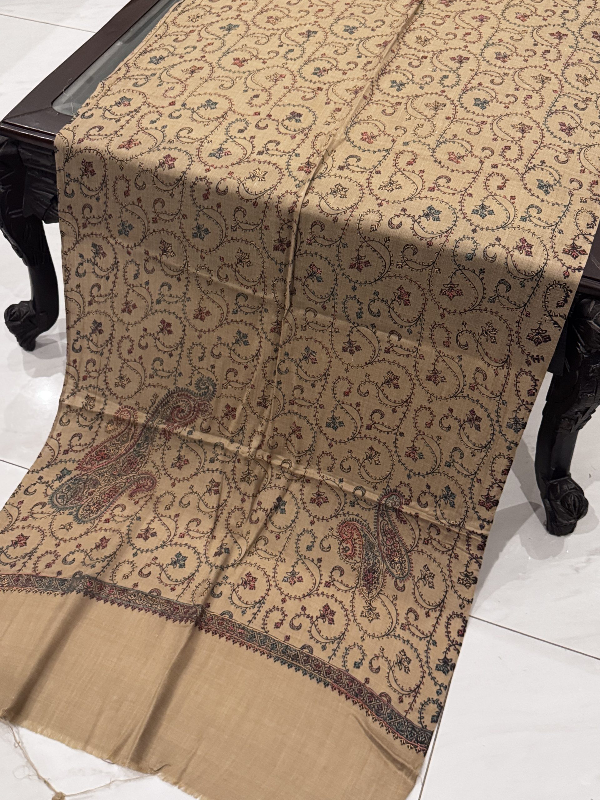 Arveen – Beige Pashmina Stole with Classic Full Embroidery (28x80 inches) - Image 2