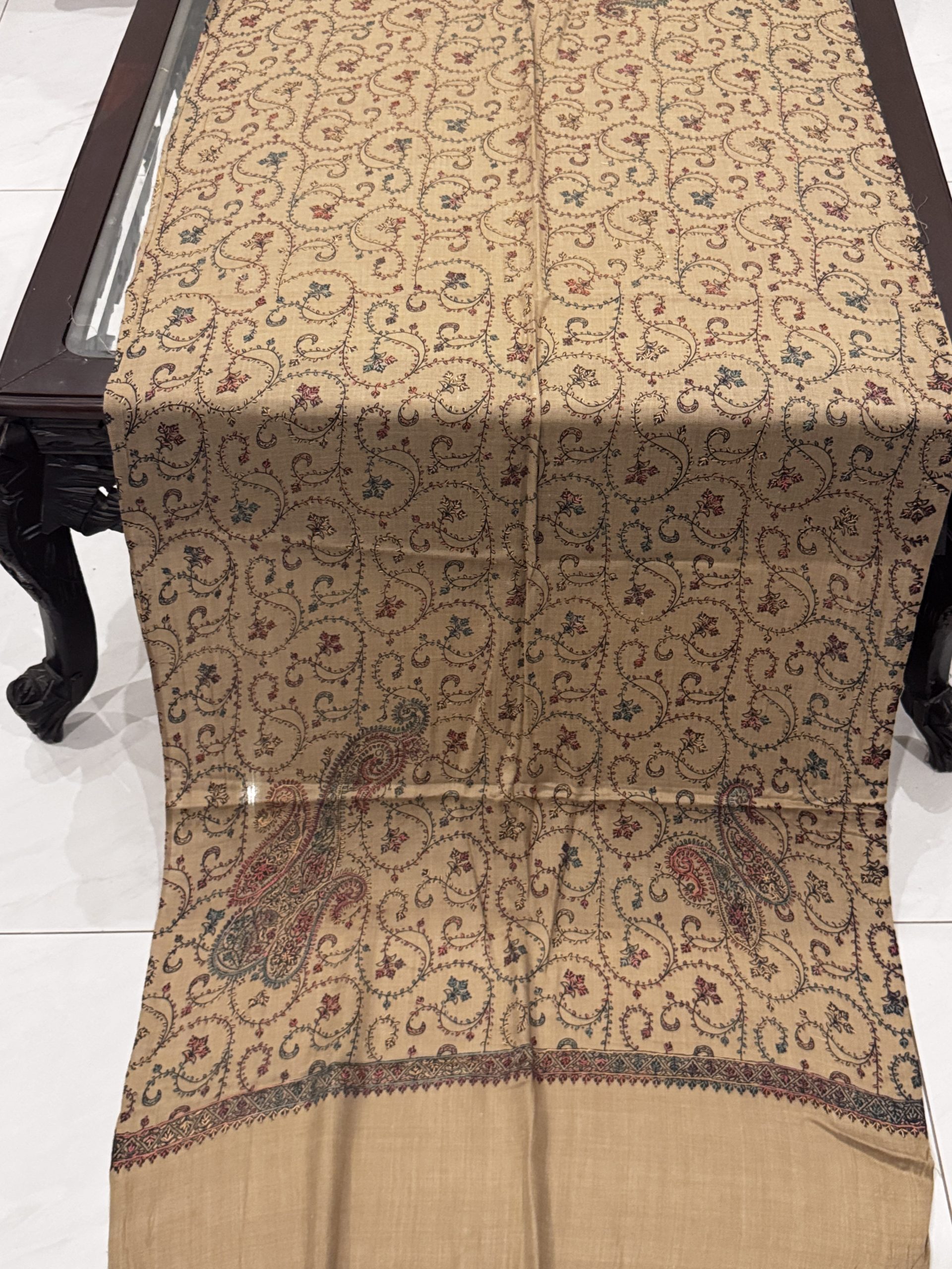 Arveen – Beige Pashmina Stole with Classic Full Embroidery (28x80 inches) - Image 3