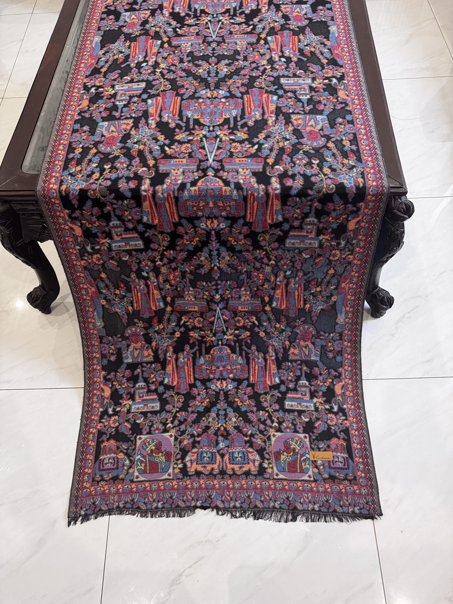 Shahnoor – Black Kani Cashmere Stole with Exquisite Mughal Art Design (28x70 inches)