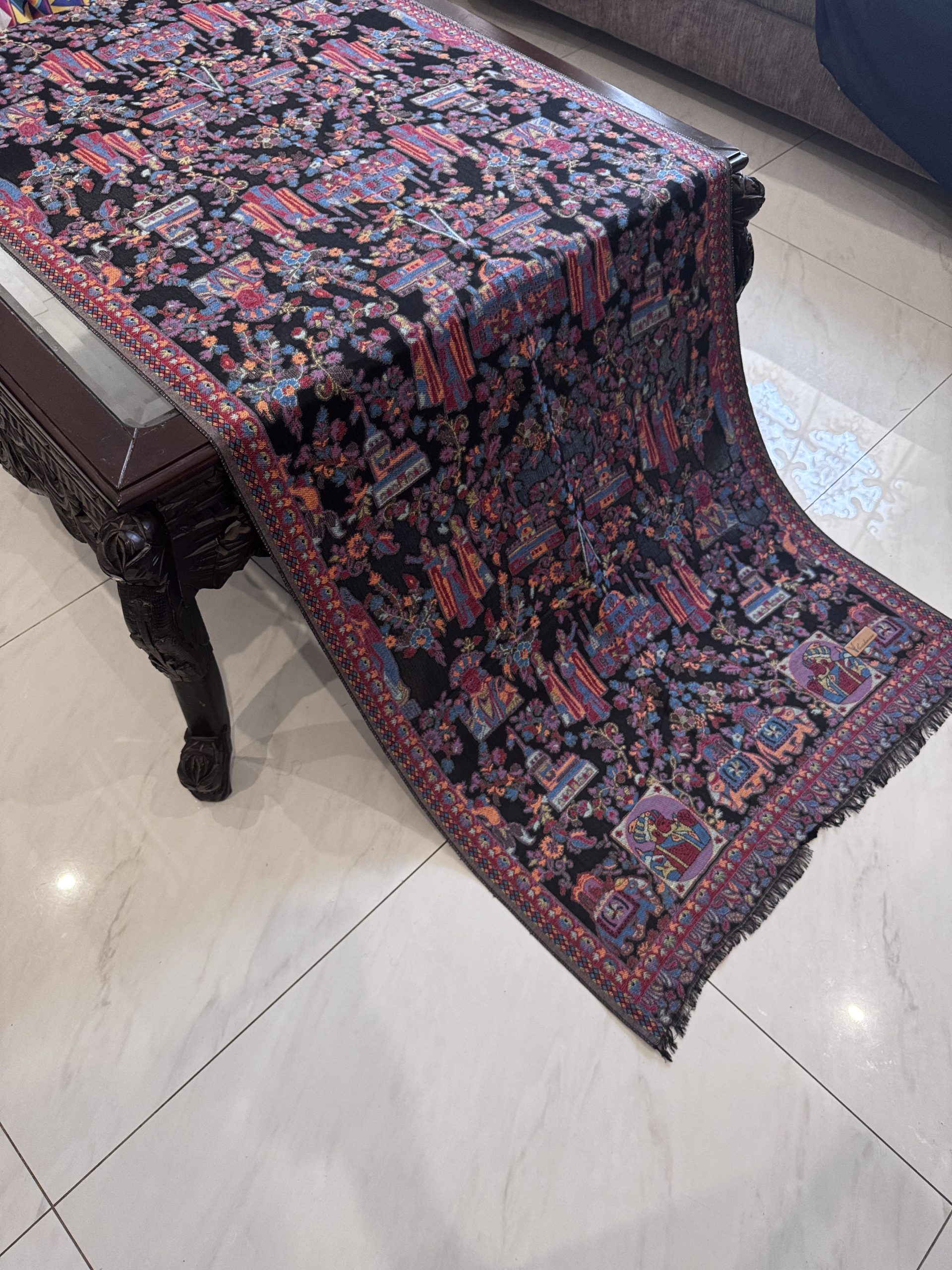 Shahnoor – Black Kani Cashmere Stole with Exquisite Mughal Art Design (28x70 inches) - Image 3