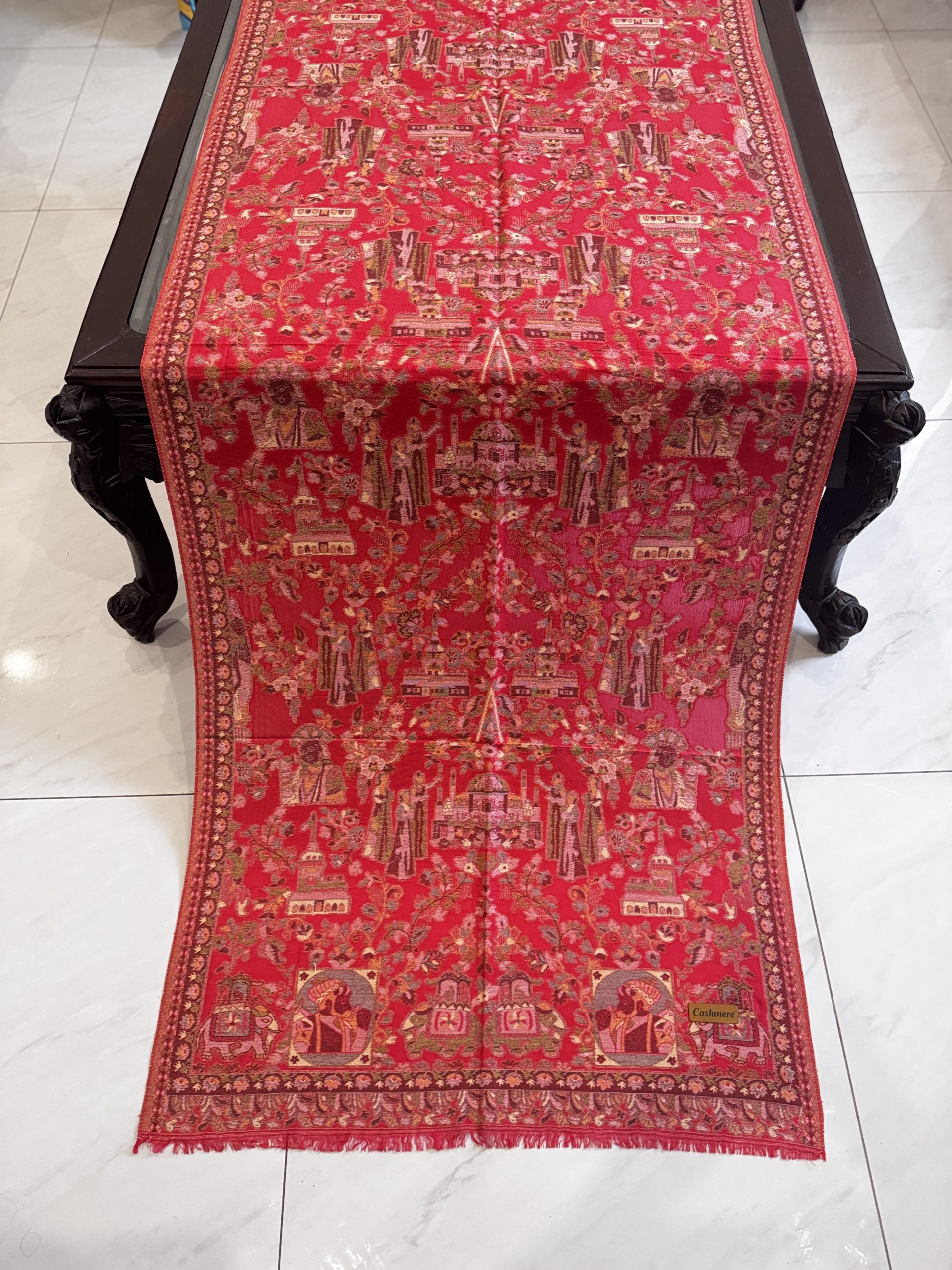 Gulraiz – Red Kani Cashmere Stole with Exquisite Mughal Art Design (28x70 inches)