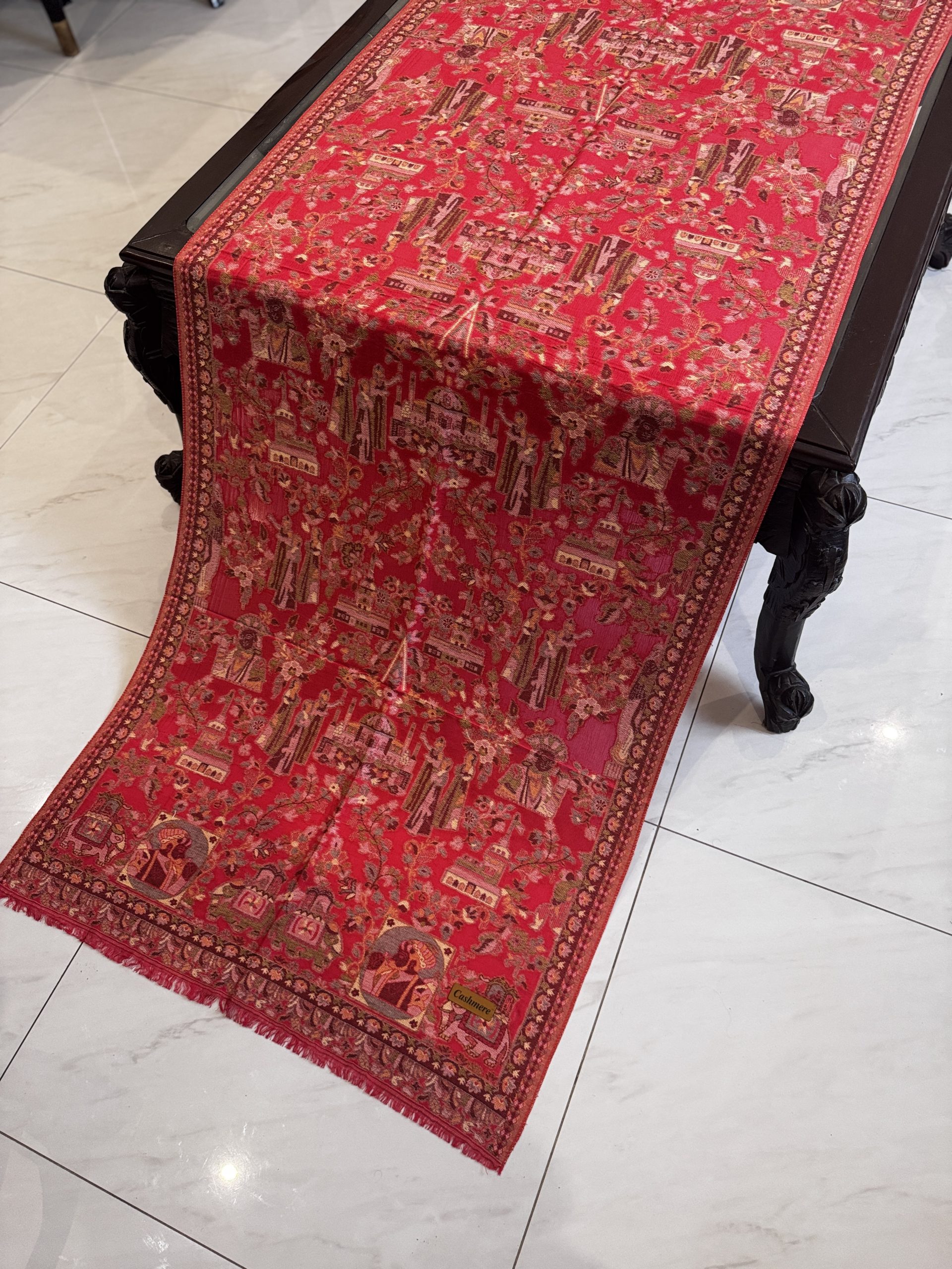 Gulraiz – Red Kani Cashmere Stole with Exquisite Mughal Art Design (28x70 inches) - Image 2