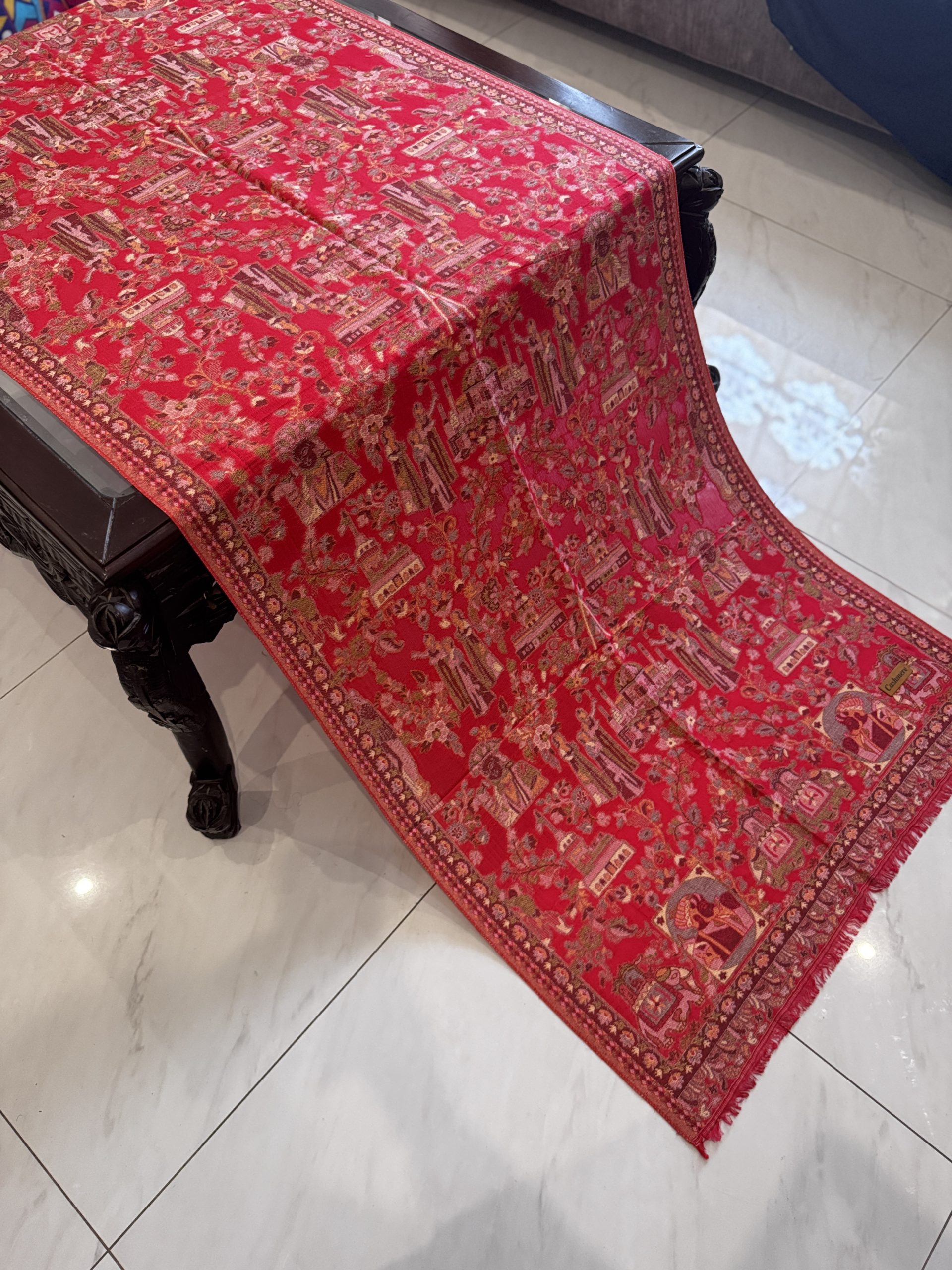 Gulraiz – Red Kani Cashmere Stole with Exquisite Mughal Art Design (28x70 inches) - Image 3