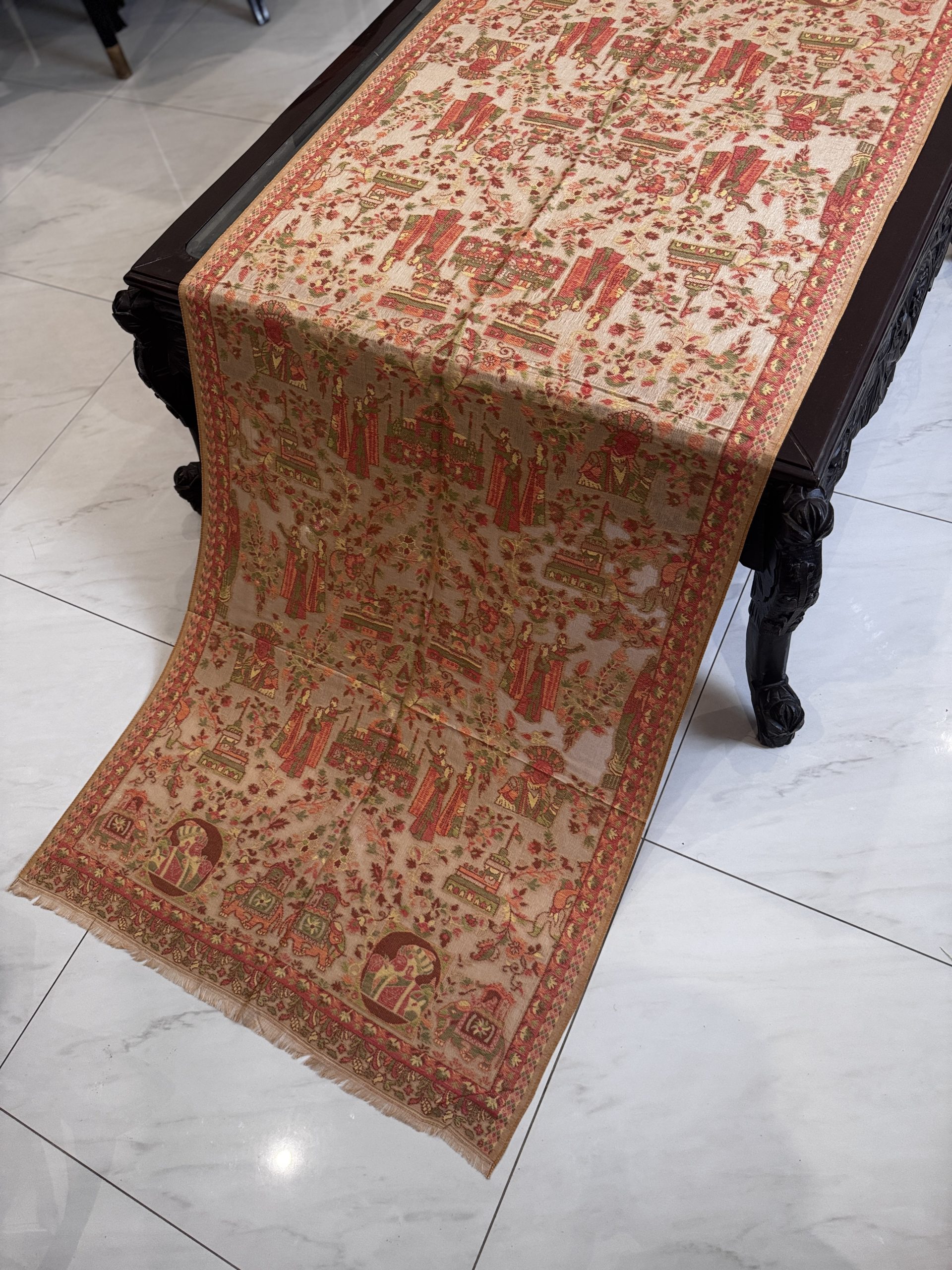 Meherbano – Mustard Beige Kani Cashmere Stole with Exquisite Mughal Art Design (28x70 inches) - Image 2