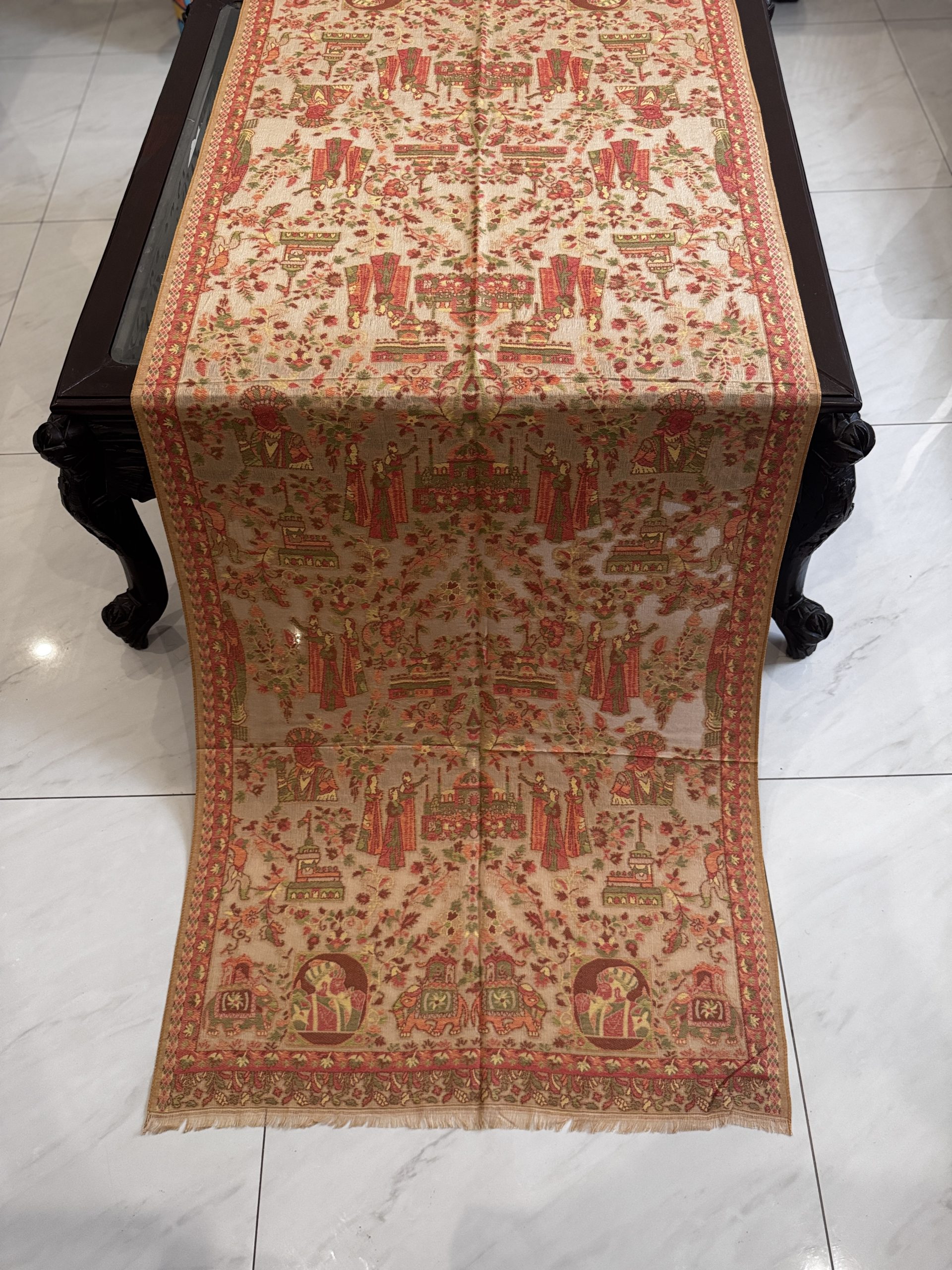Meherbano – Mustard Beige Kani Cashmere Stole with Exquisite Mughal Art Design (28x70 inches)