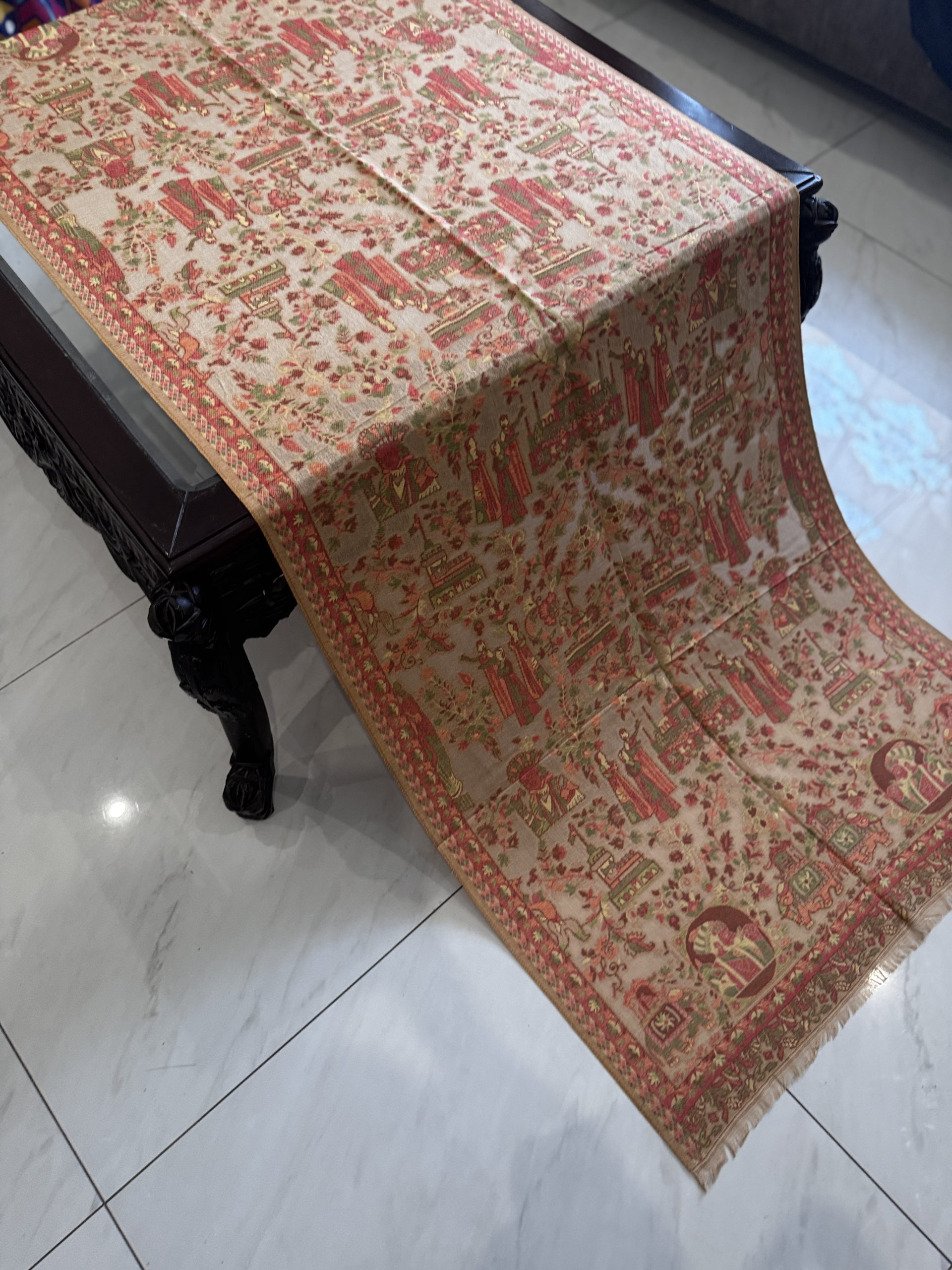 Meherbano – Mustard Beige Kani Cashmere Stole with Exquisite Mughal Art Design (28x70 inches) - Image 3