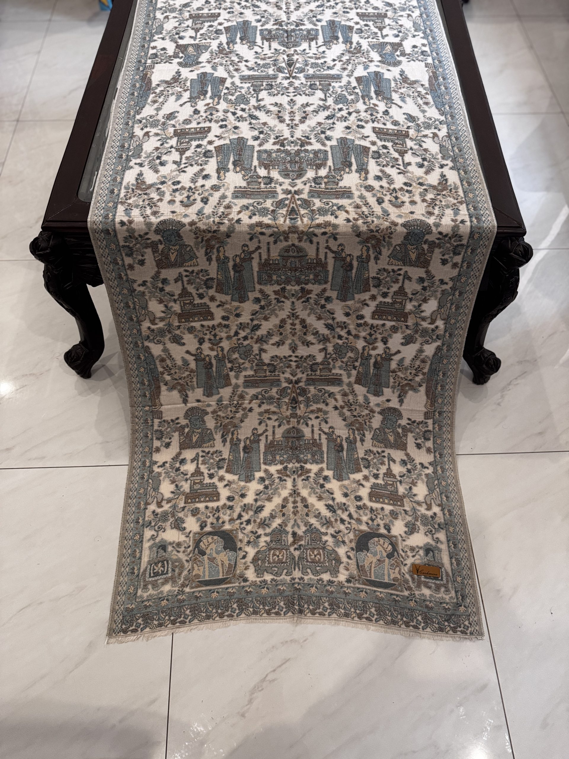 Hinaara – Light Beige Kani Cashmere Stole with Exquisite Mughal Art Design (28x70 inches)