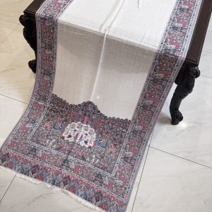 Hasti – White Kani Cashmere Stole with Elephant Border Design (28x70 inches)