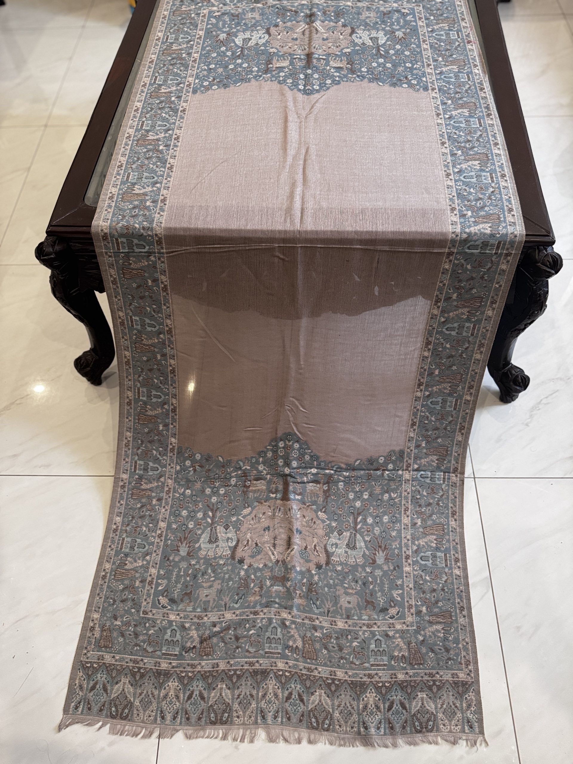Shahkaar – Dark Beige Kani Cashmere Stole with Elephant Border Design (28x70 inches)
