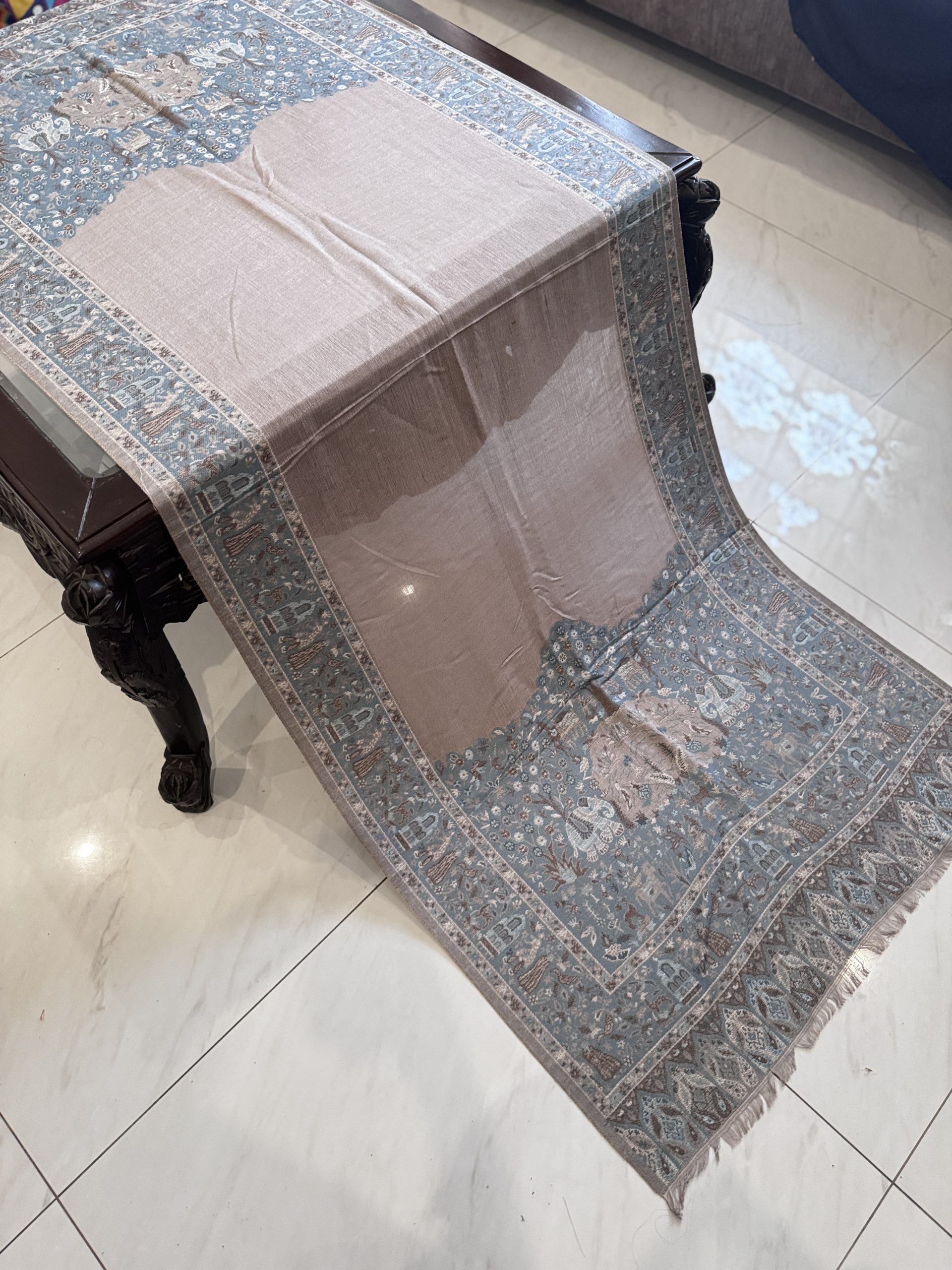 Shahkaar – Dark Beige Kani Cashmere Stole with Elephant Border Design (28x70 inches) - Image 3