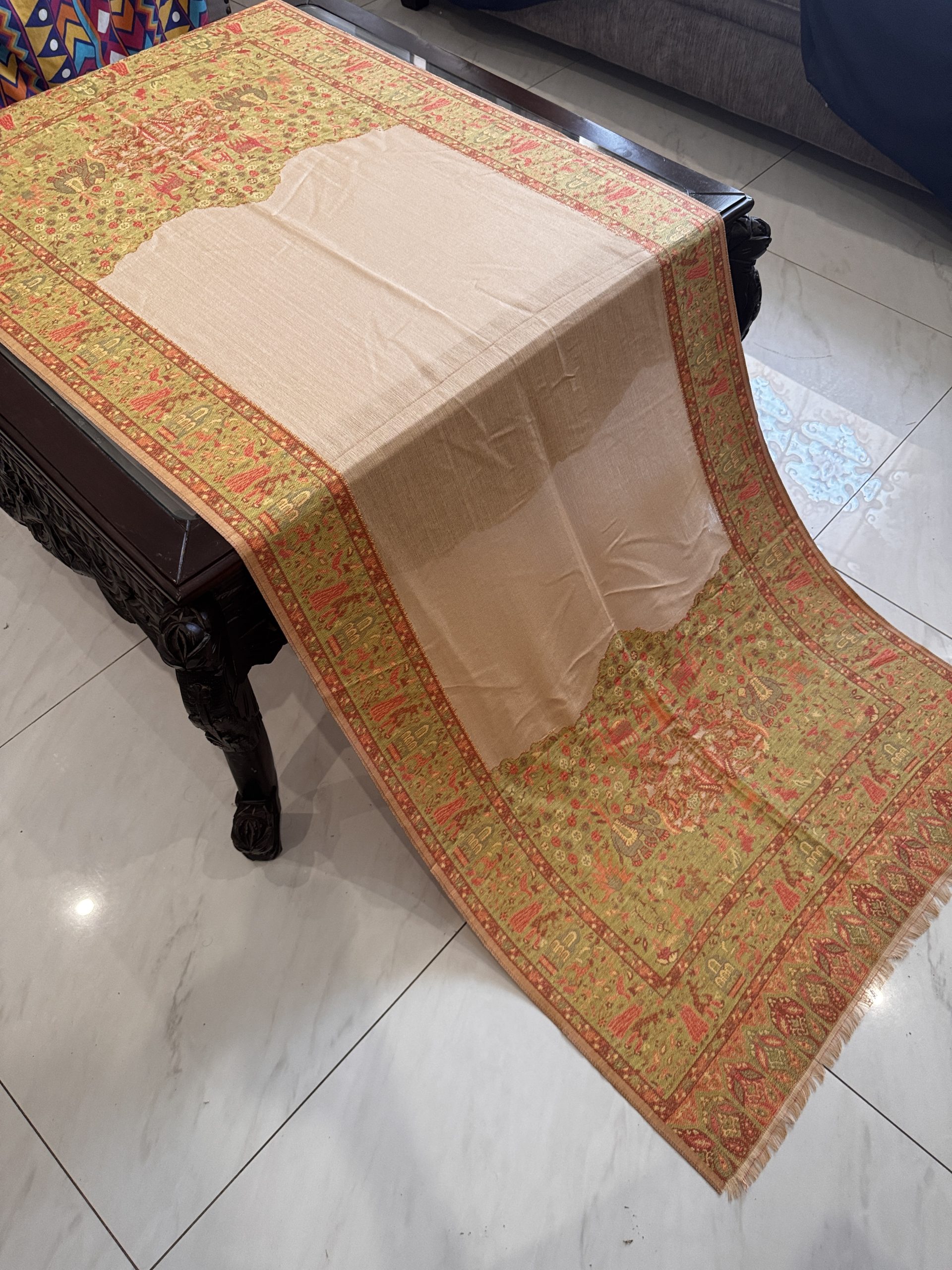 Rudra – Mustard Beige Kani Cashmere Stole with Elephant Border Design (28x70 inches) - Image 3