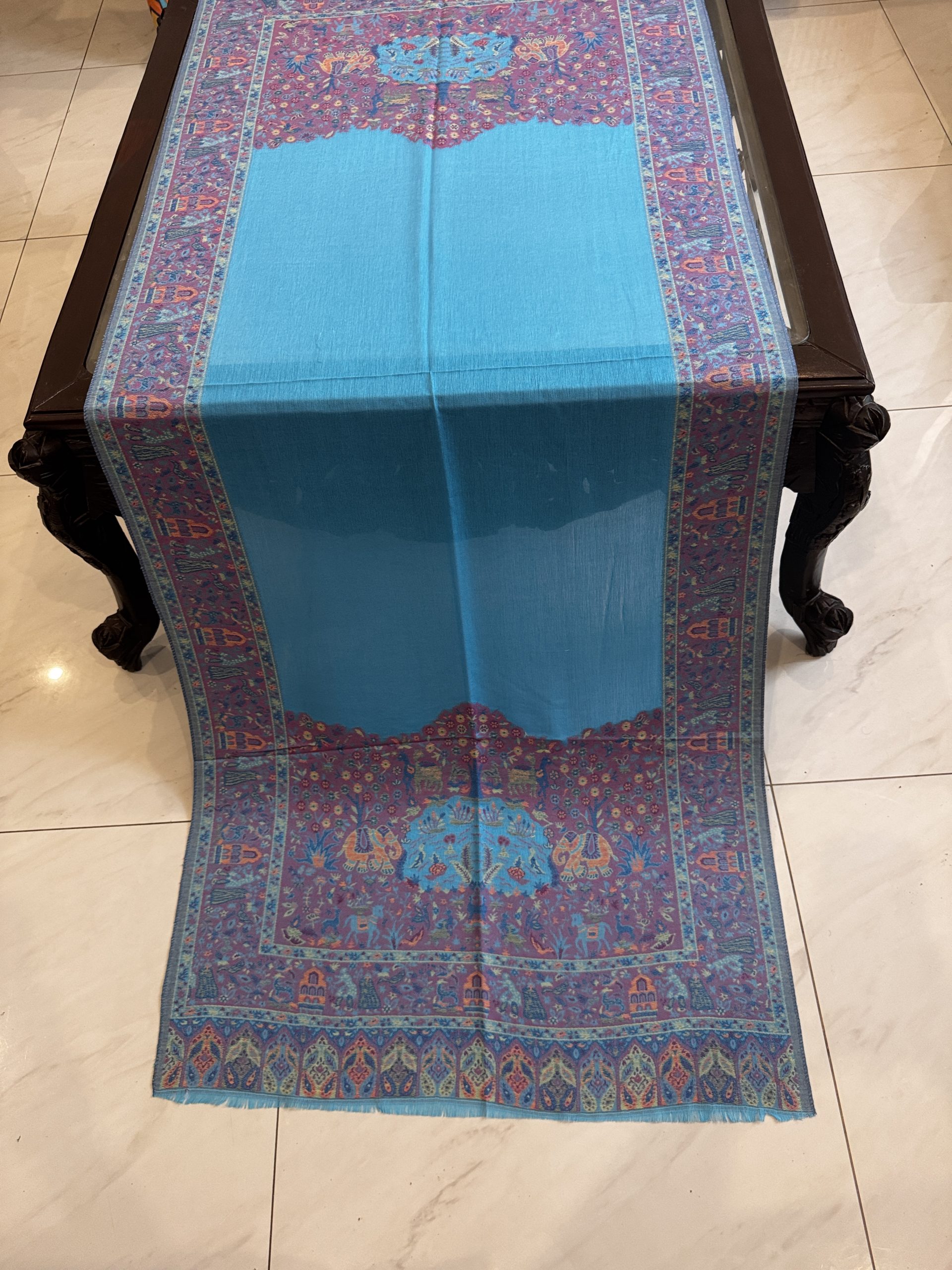 Ameera – Firozi Kani Cashmere Stole with Elephant Border Design (28x70 inches)