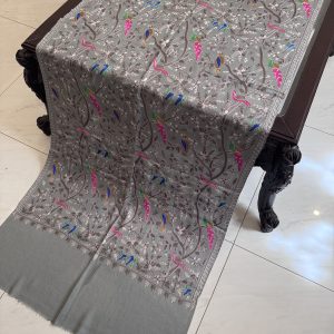 Grey Pashmina Stole with Resham Embroidery – Birds Pattern (28x80 inches)