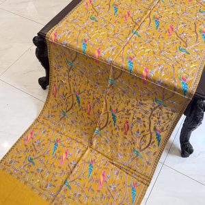 Mustard Pashmina Stole with Resham Embroidery – Birds Pattern (28x80 inches)