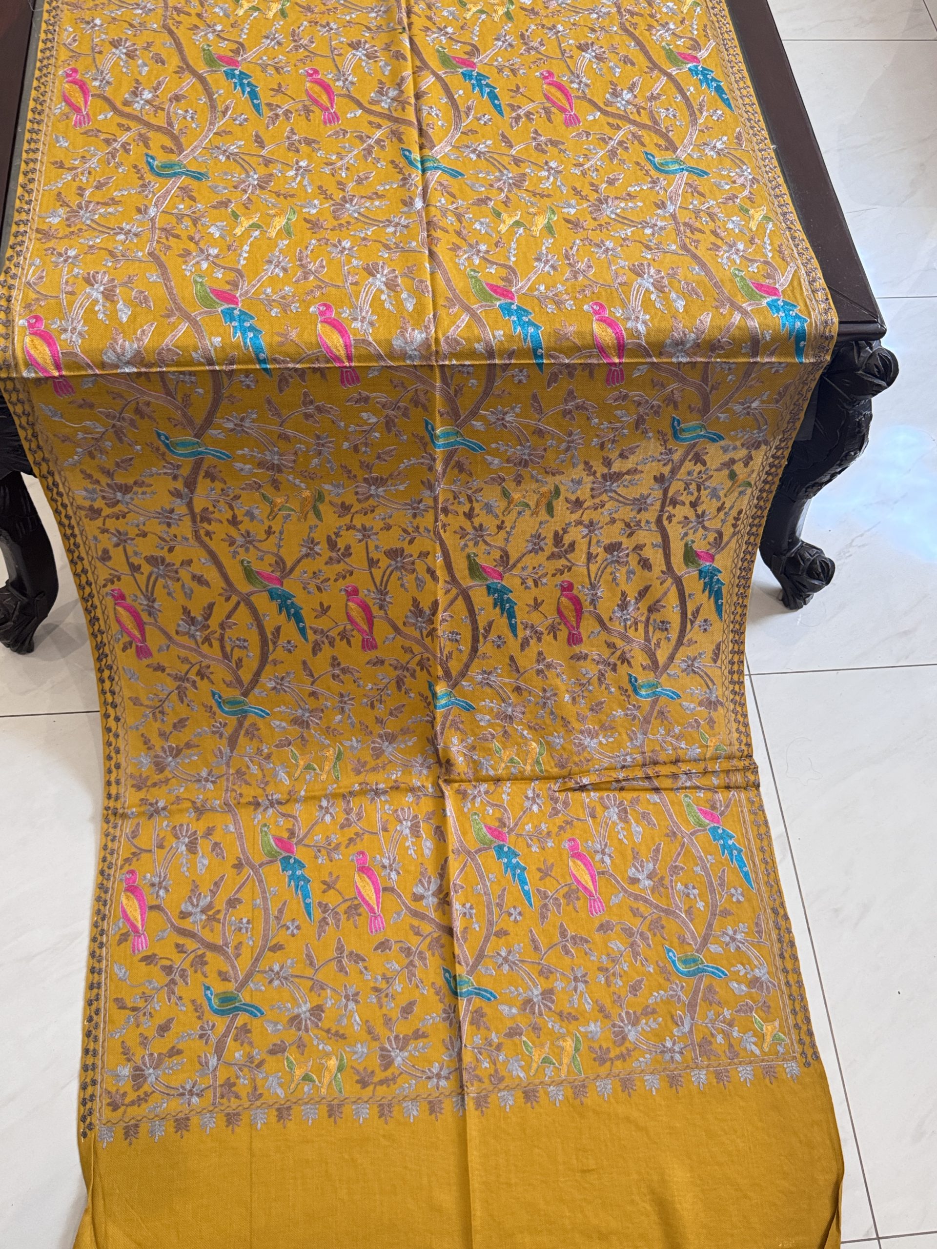 Mustard Pashmina Stole with Resham Embroidery – Birds Pattern (28x80 inches) - Image 2