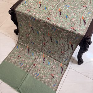 Light Green Pashmina Stole with Resham Embroidery – Birds Pattern (28x80 inches)