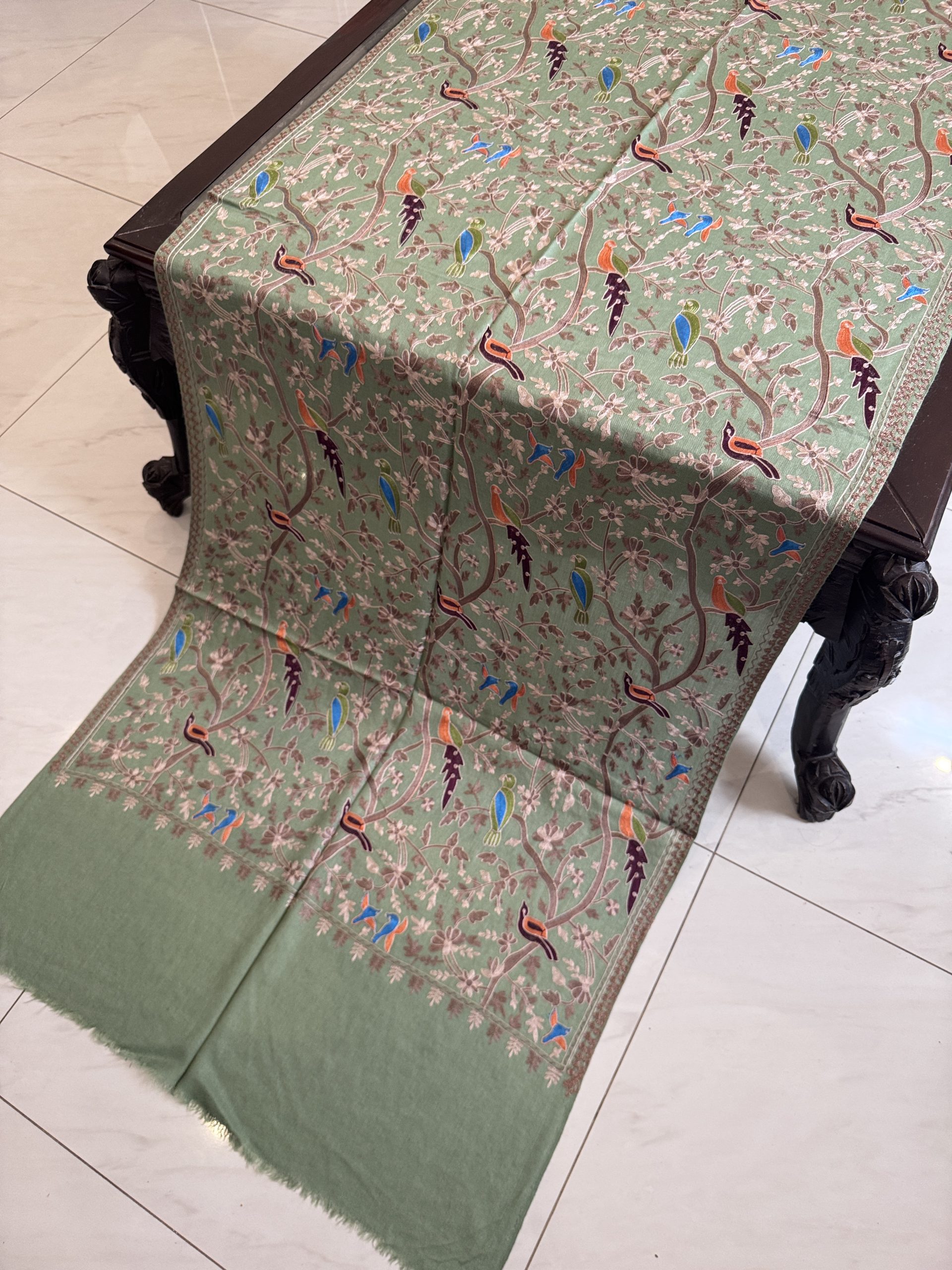 Light Green Pashmina Stole with Resham Embroidery – Birds Pattern (28x80 inches)