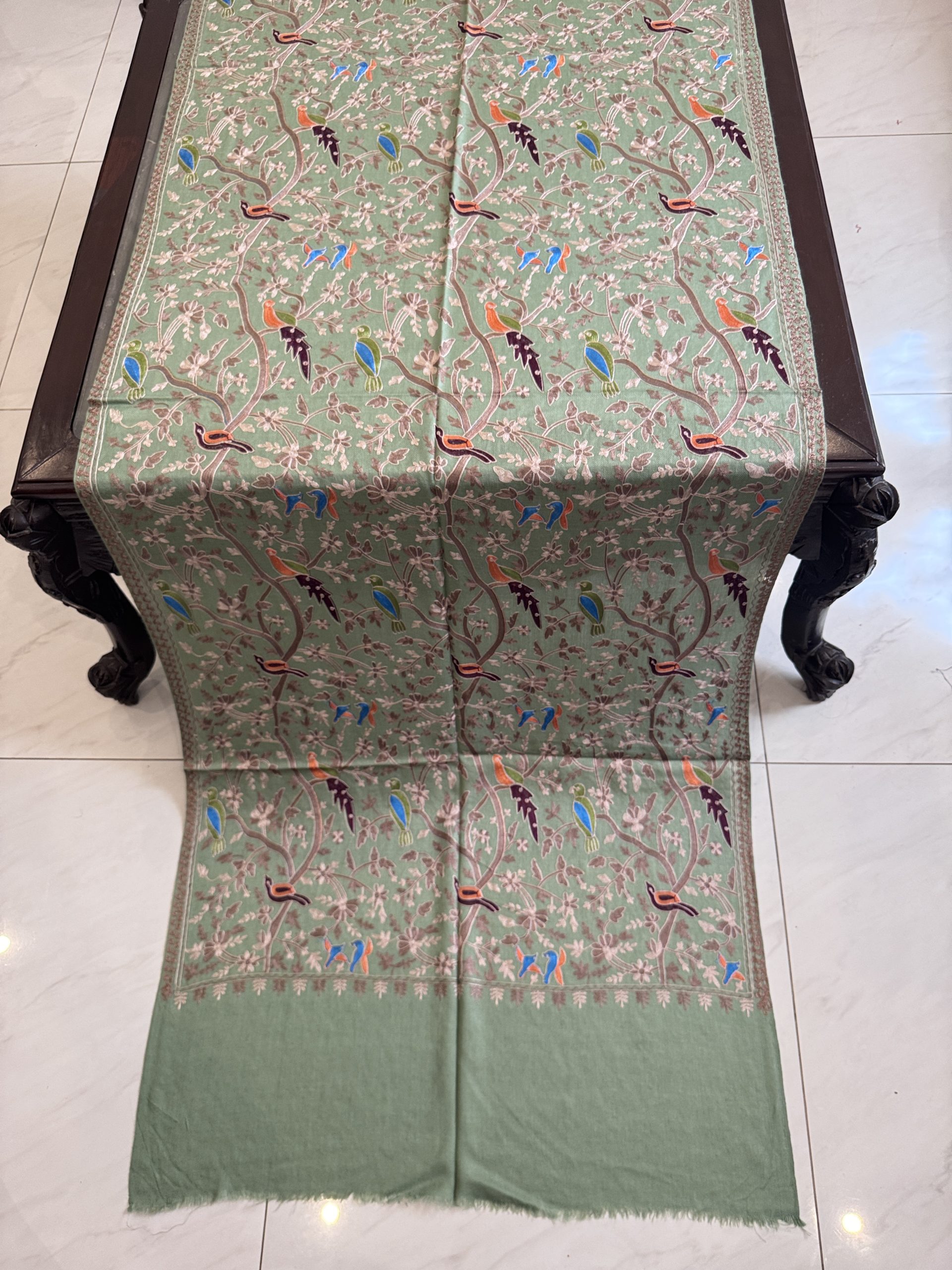 Light Green Pashmina Stole with Resham Embroidery – Birds Pattern (28x80 inches) - Image 2