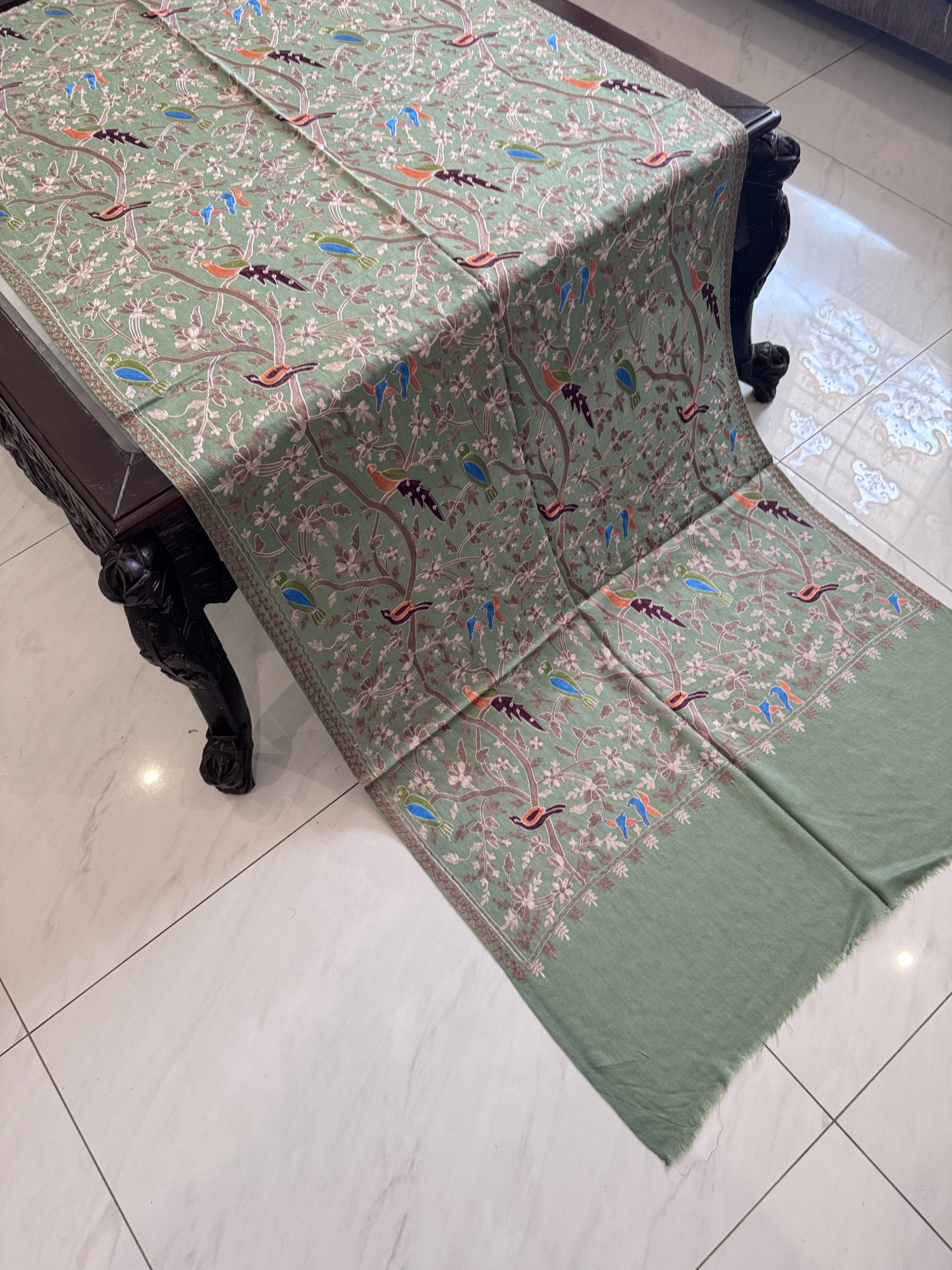 Light Green Pashmina Stole with Resham Embroidery – Birds Pattern (28x80 inches) - Image 3
