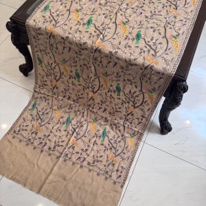 Beige Pashmina Stole with Resham Embroidery – Birds Pattern (28x80 inches)