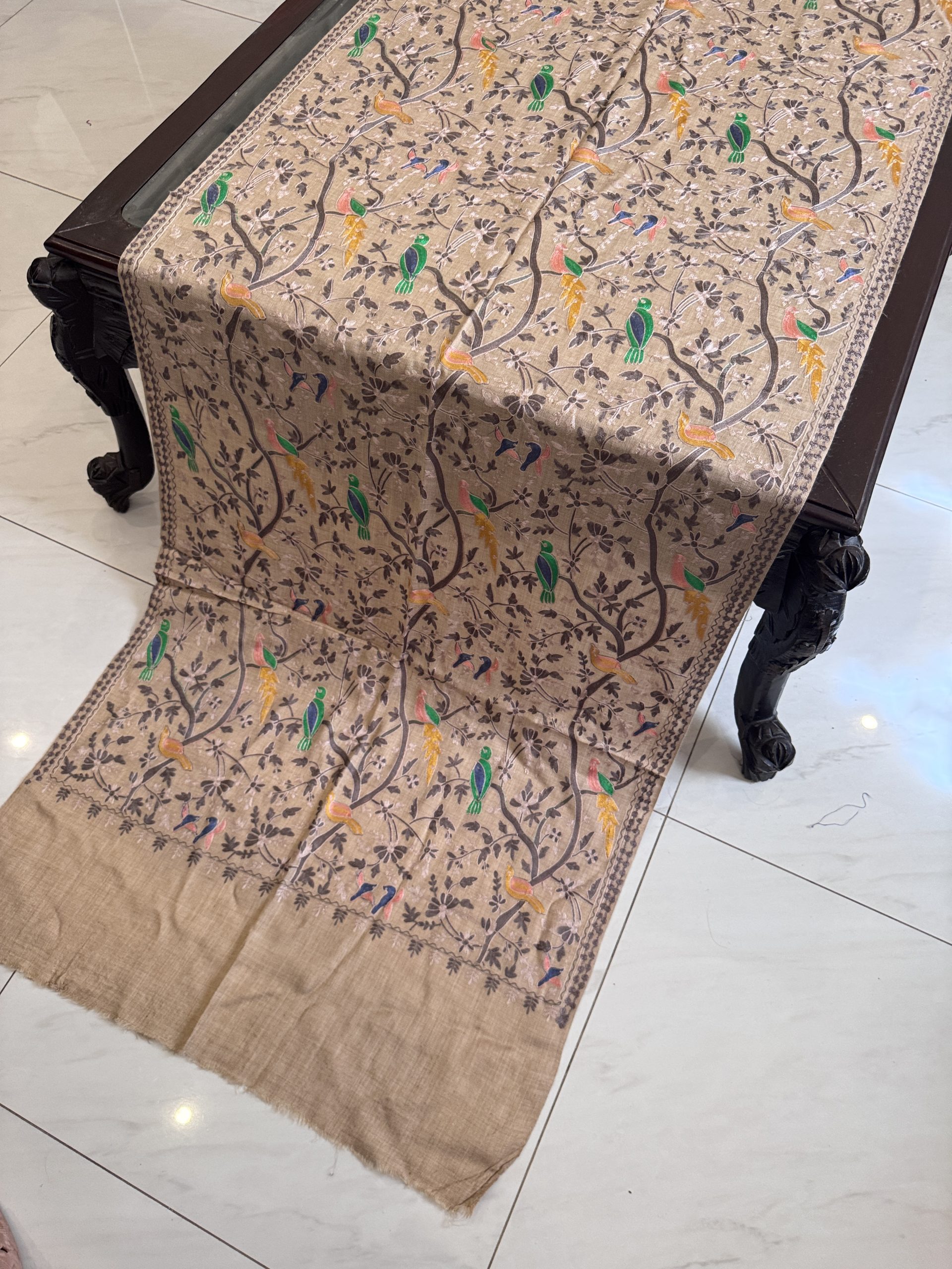 Beige Pashmina Stole with Resham Embroidery – Birds Pattern (28x80 inches)
