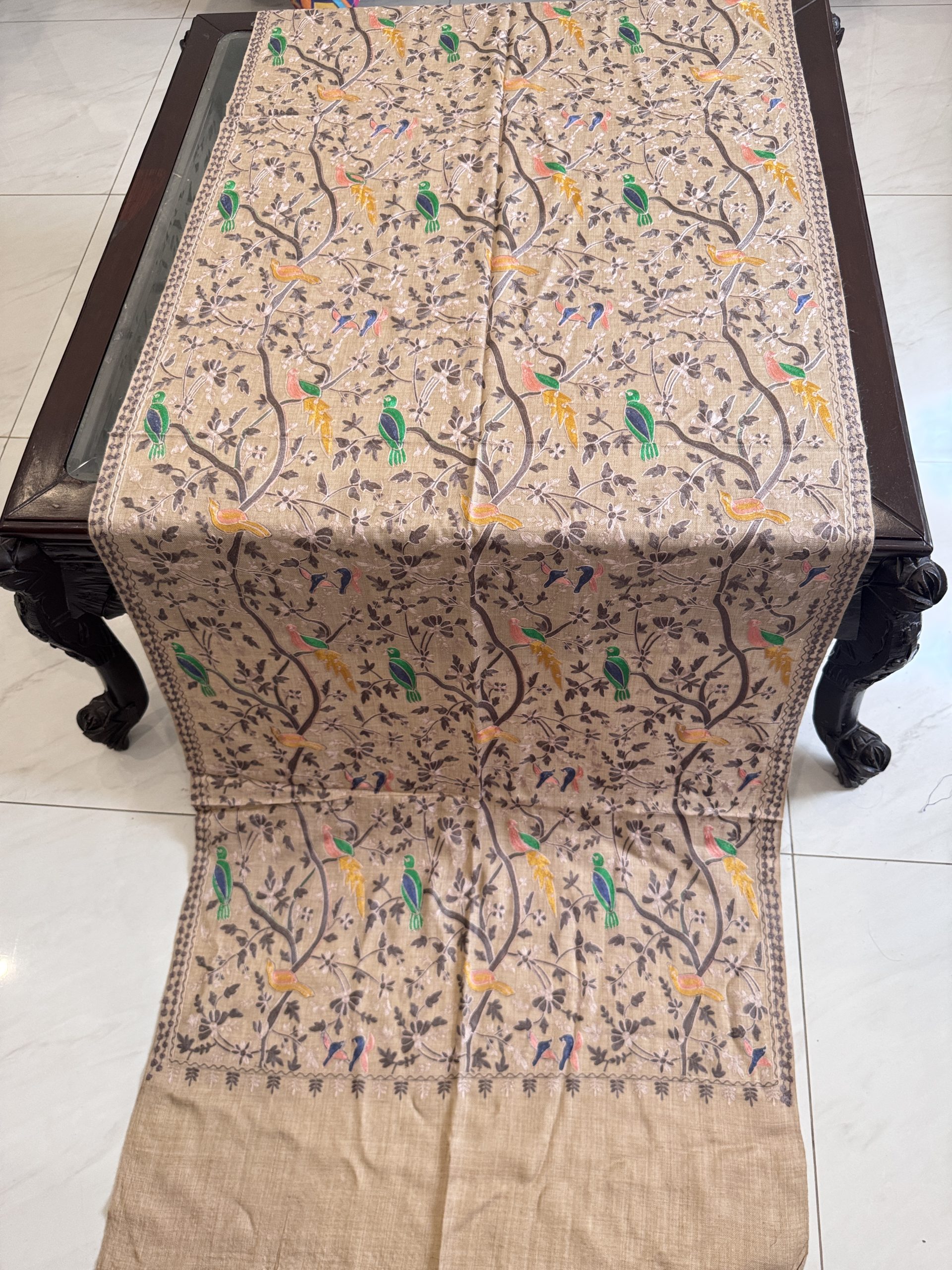 Beige Pashmina Stole with Resham Embroidery – Birds Pattern (28x80 inches) - Image 2