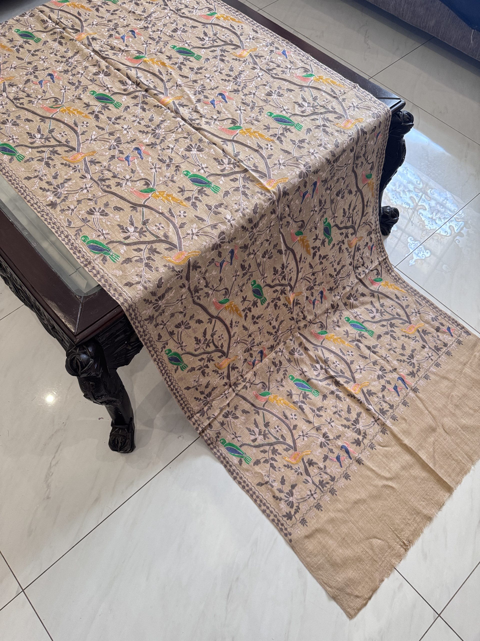 Beige Pashmina Stole with Resham Embroidery – Birds Pattern (28x80 inches) - Image 3