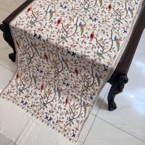 White Pashmina Stole with Resham Embroidery – Birds Pattern (28x80 inches)