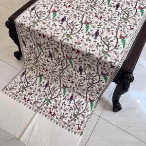 White Pashmina Stole with Multicolor Resham Embroidery – Birds Pattern (28x80 inches)
