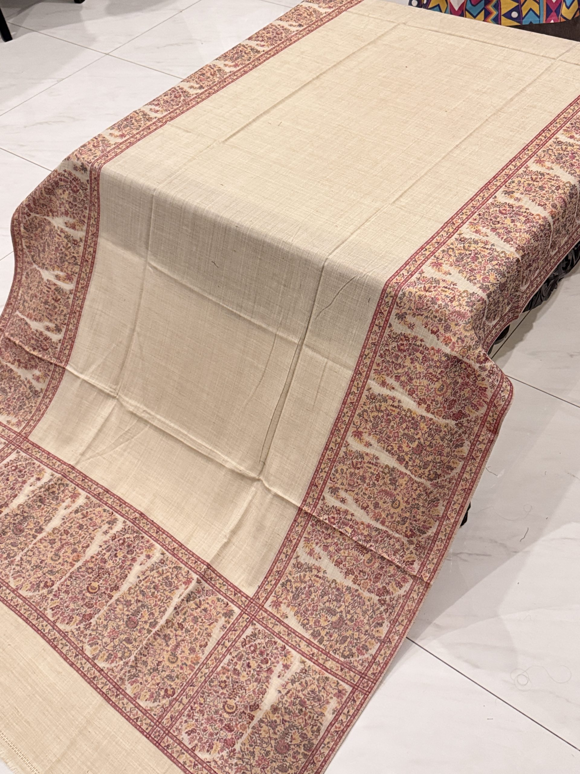 Pure Pashmina Kani Border Shawl – Light Beige with Self Print (2.5 yards) - Image 2