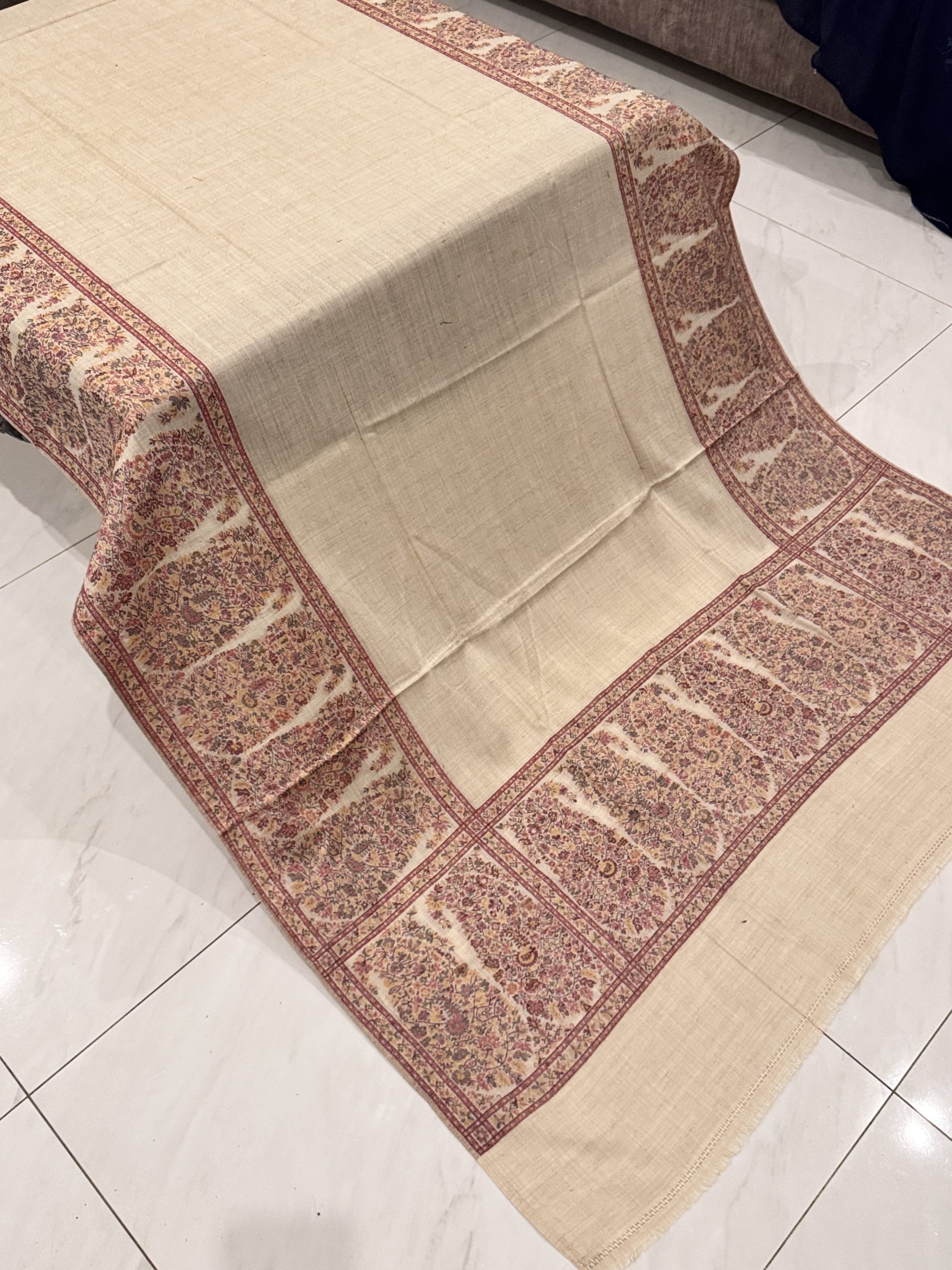 Pure Pashmina Kani Border Shawl – Light Beige with Self Print (2.5 yards) - Image 3