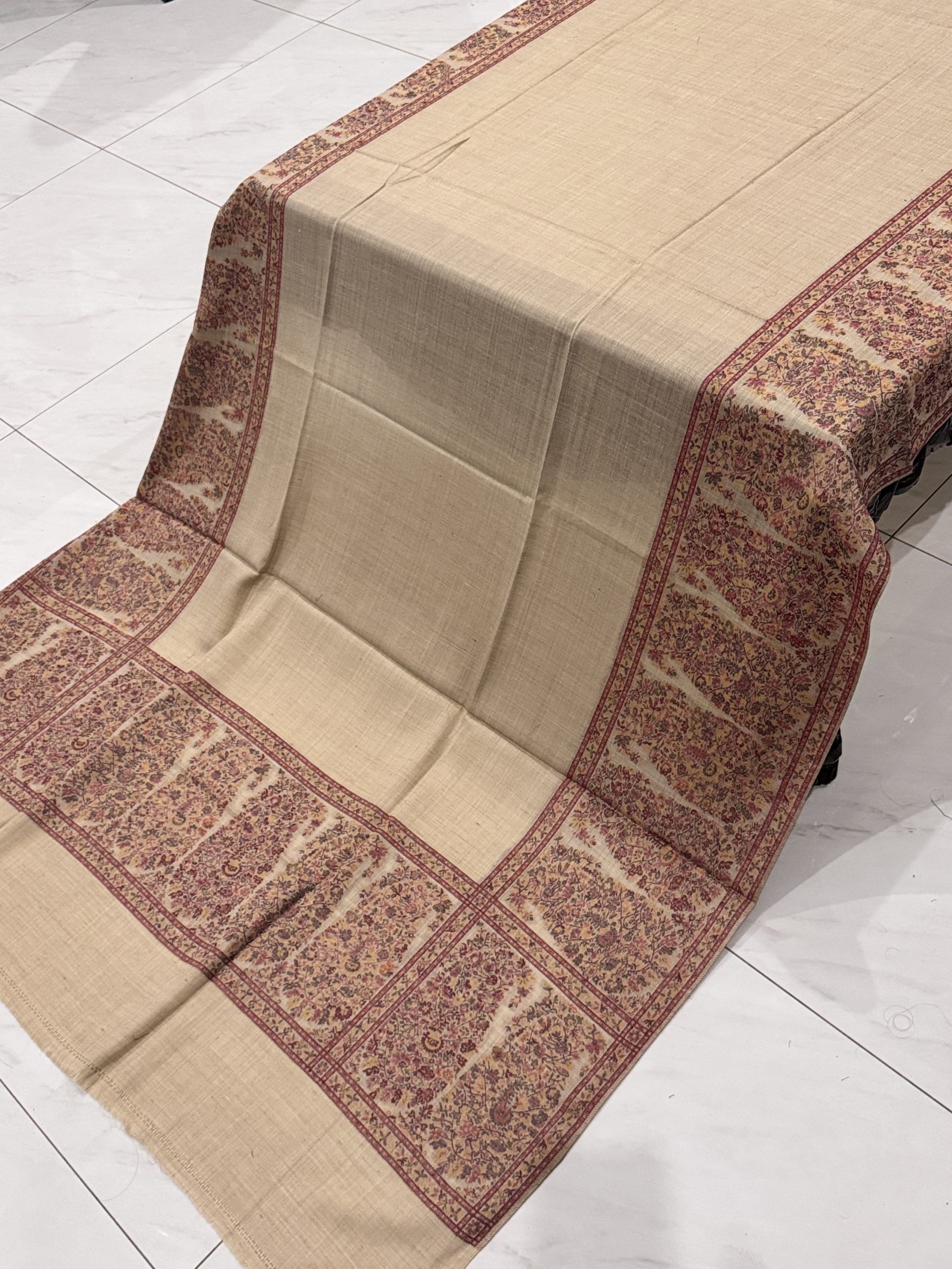 Pure Pashmina Kani Border Shawl – Beige with Self Print (2.5 yards)