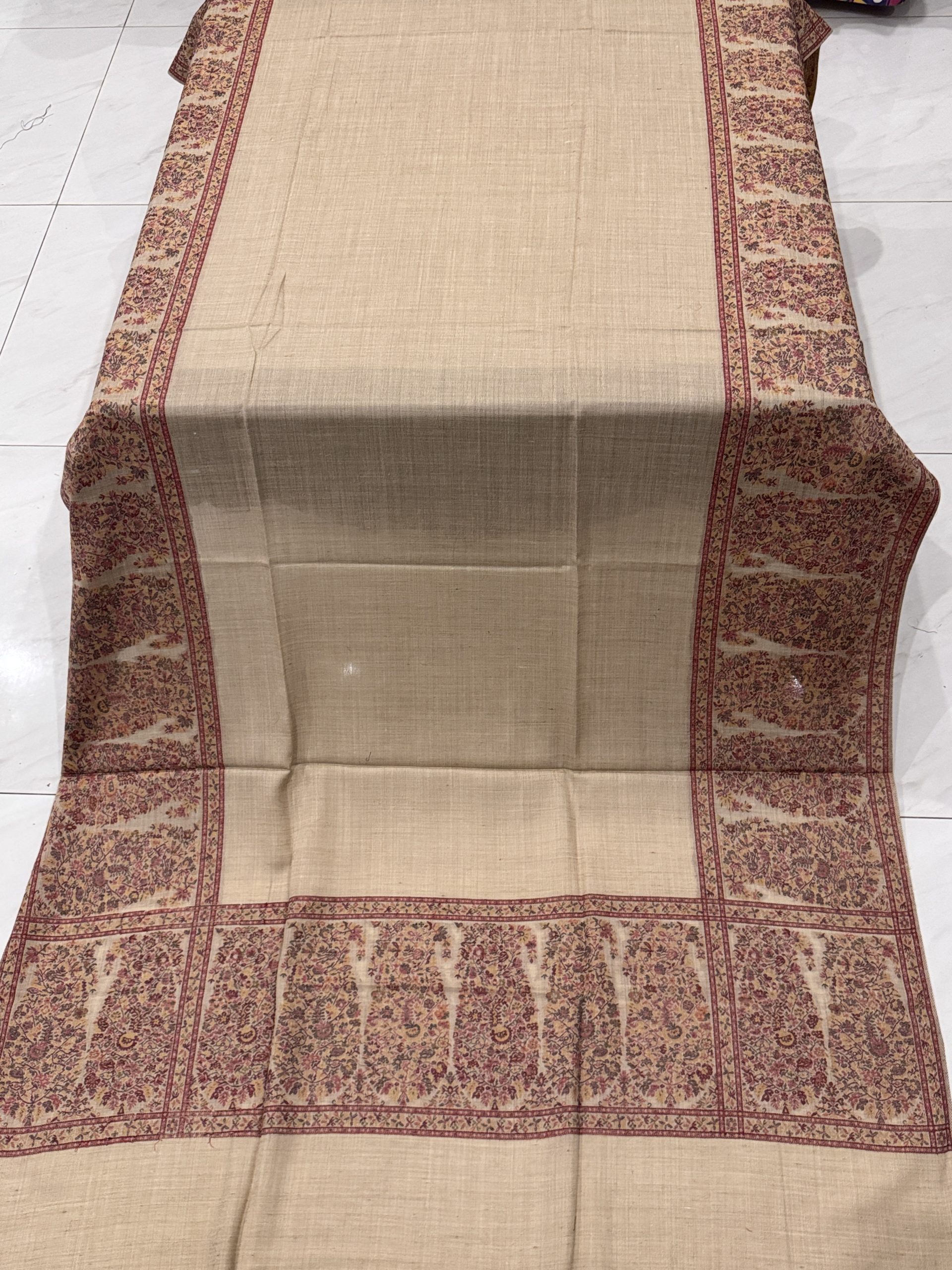 Pure Pashmina Kani Border Shawl – Beige with Self Print (2.5 yards) - Image 2