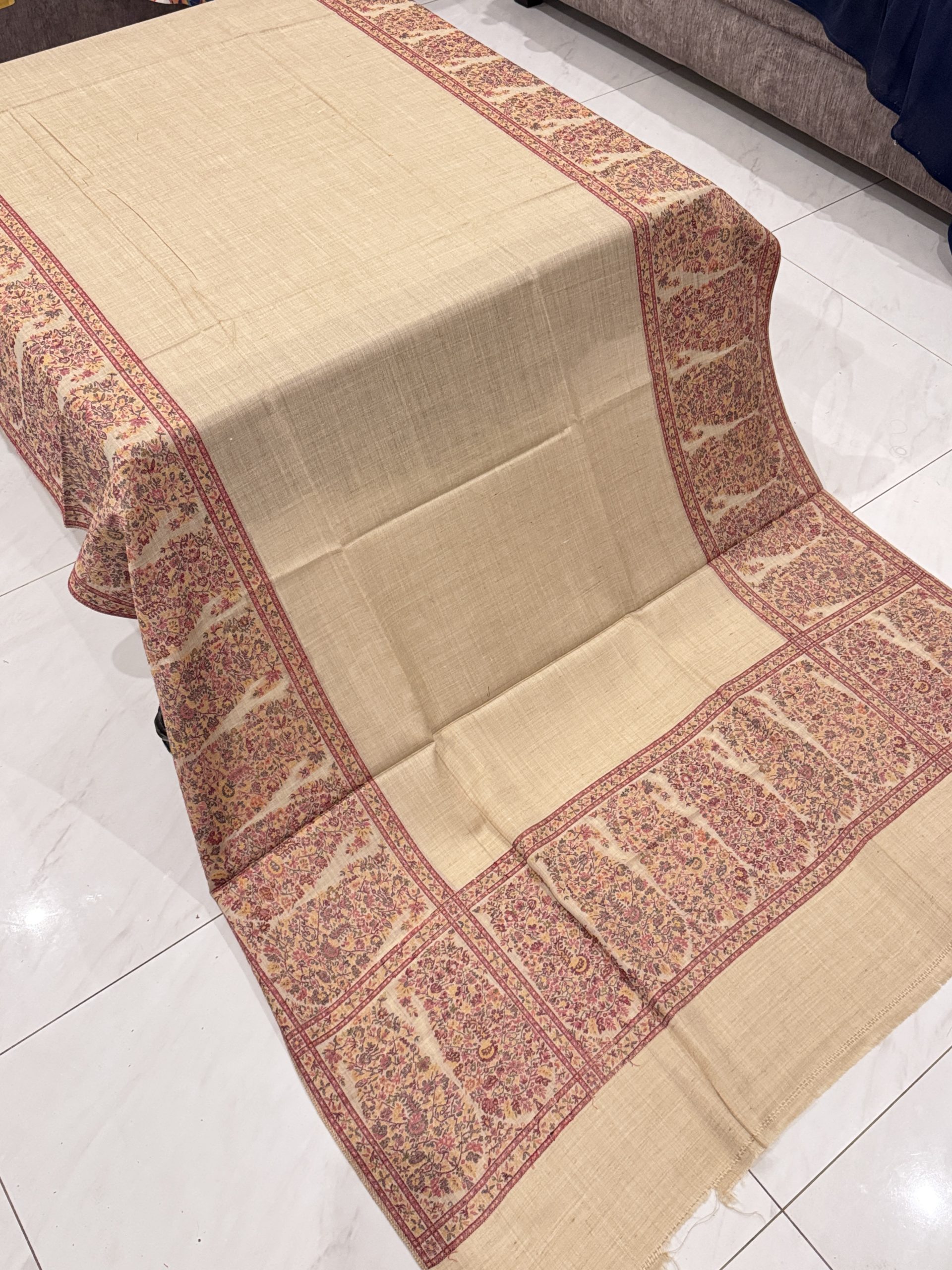 Pure Pashmina Kani Border Shawl – Beige with Self Print (2.5 yards) - Image 3