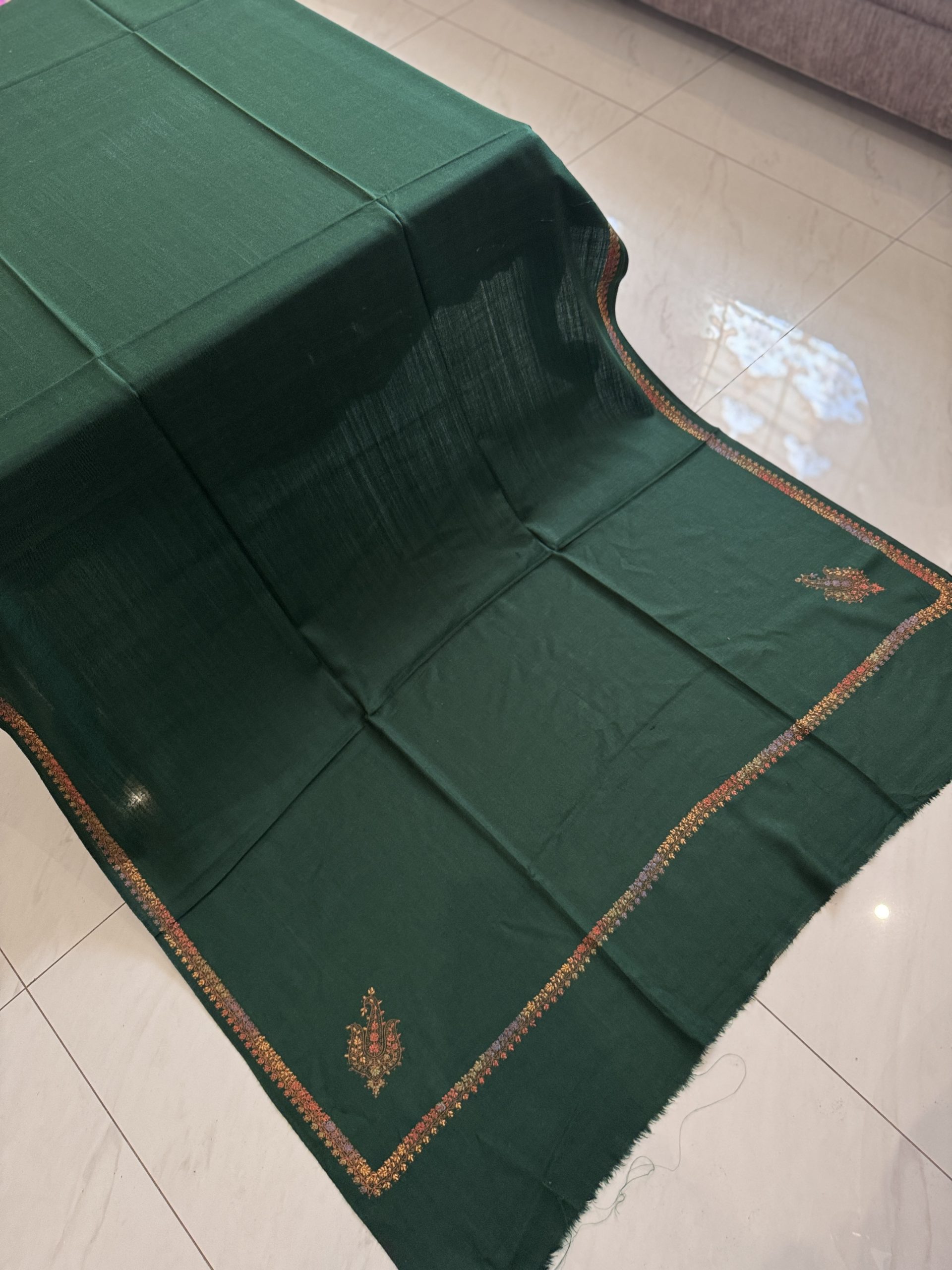 Bottle Green Kingri Style Border Embroidered Shawl (2.5 yards) - Image 3