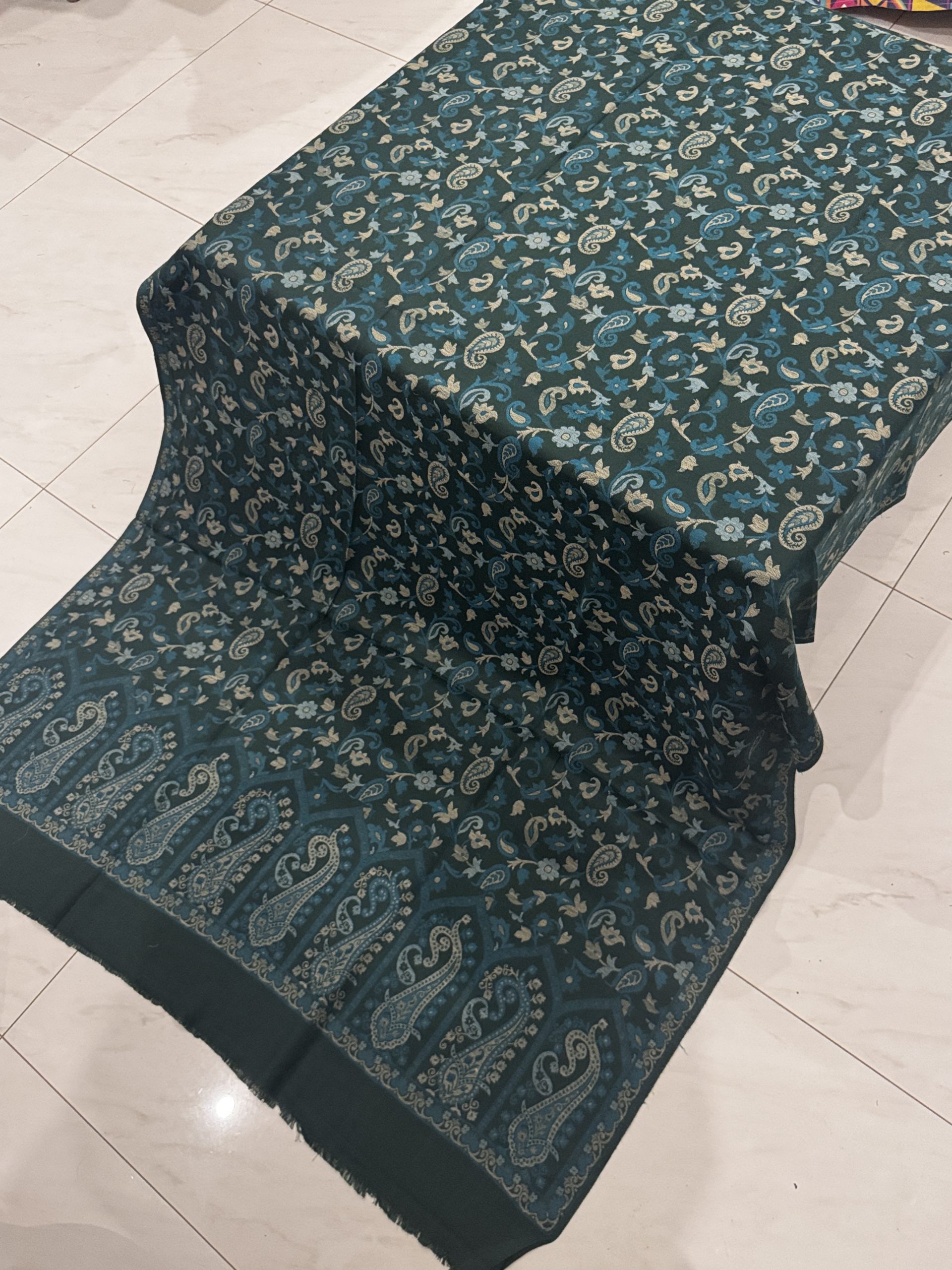 Bottle Green Kani Shawl with Sea Green Design - Image 3