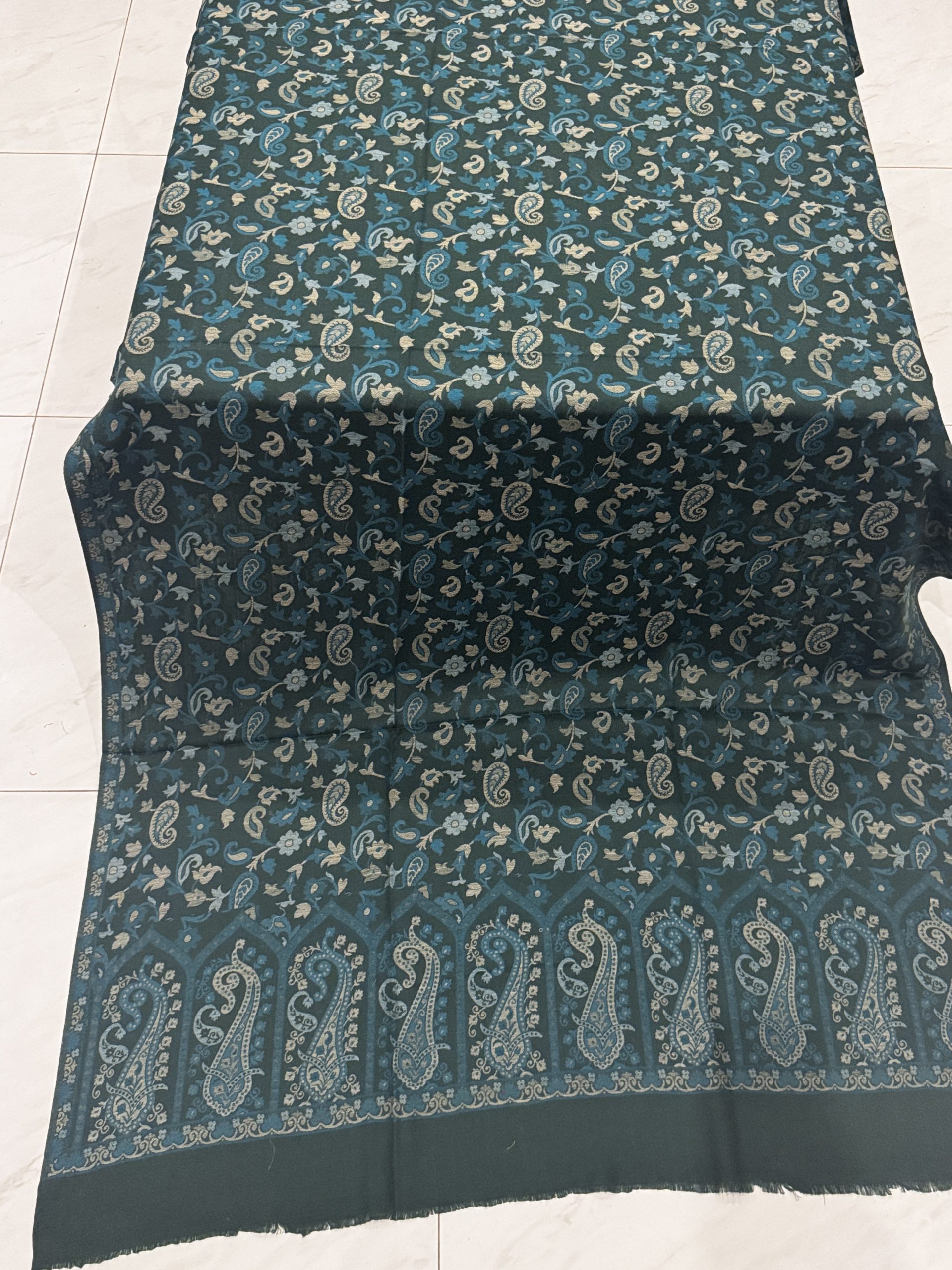 Bottle Green Kani Shawl with Sea Green Design - Image 2