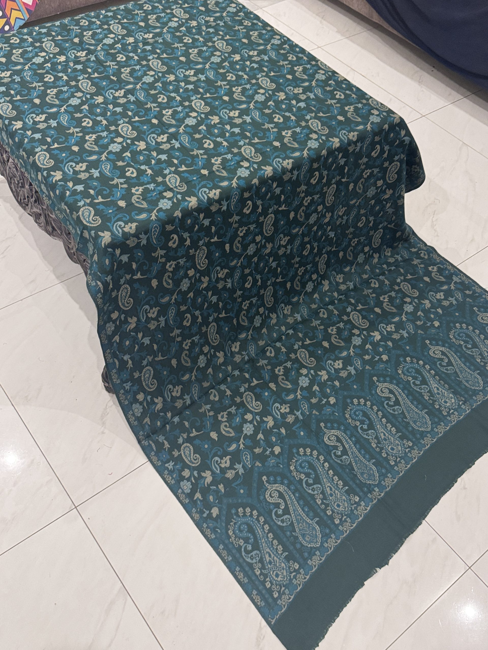 Bottle Green Kani Shawl with Sea Green Design