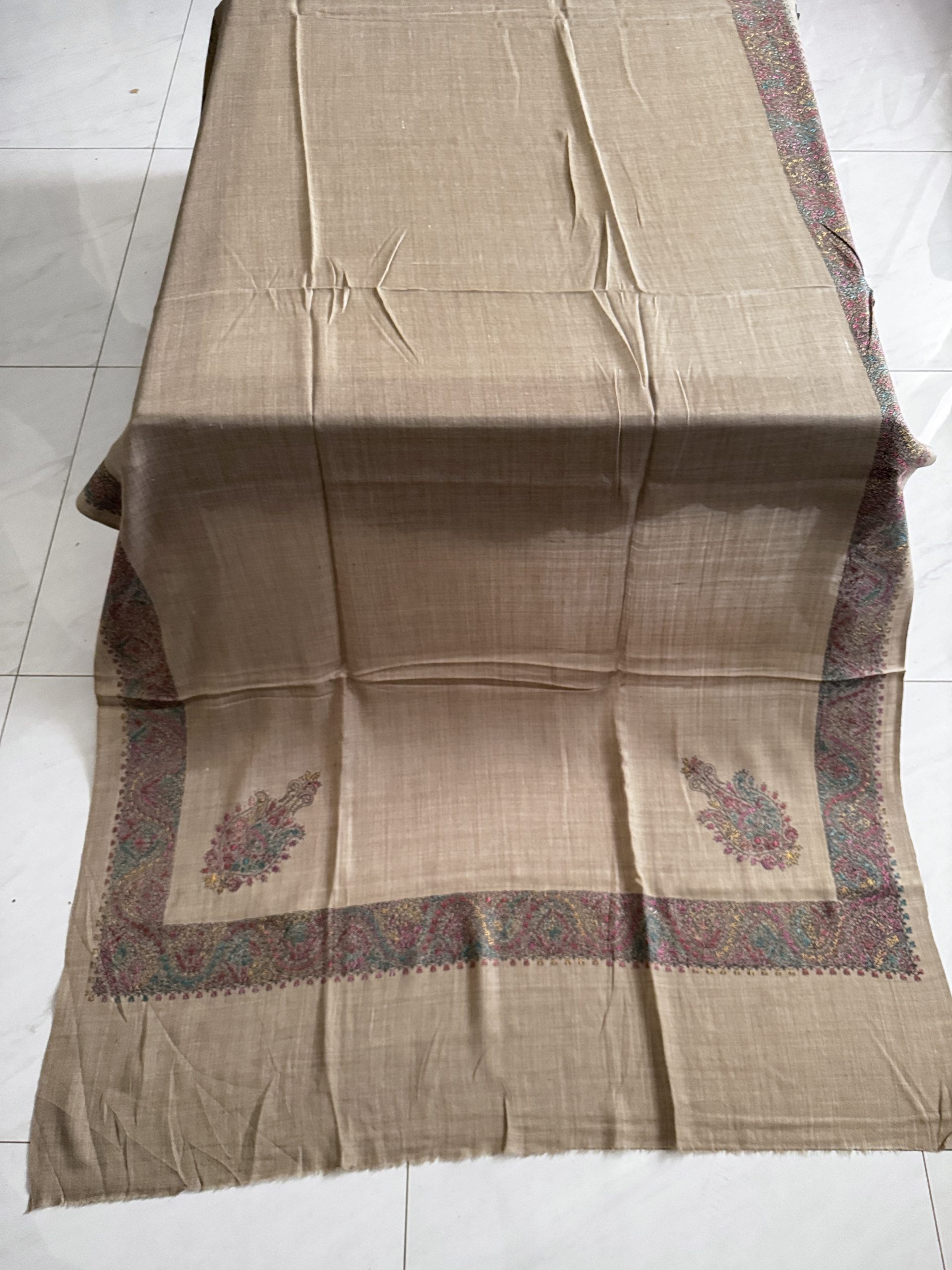 Big Border Pashmina Shawl in Dark Beige Colour