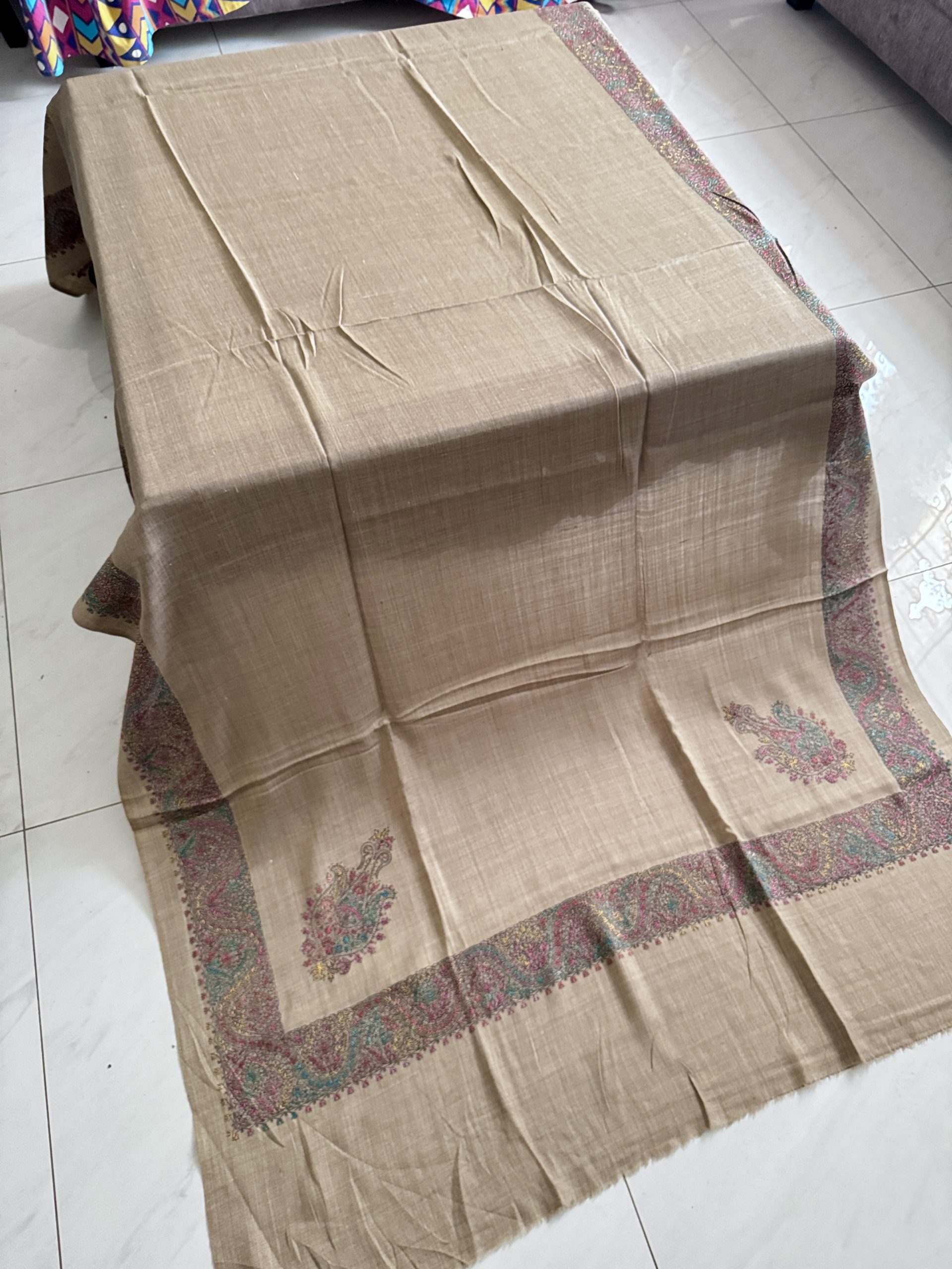 Big Border Pashmina Shawl in Dark Beige Colour - Image 3