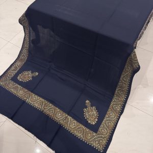 Navy Blue Border Embroidered Pashmina Shawl