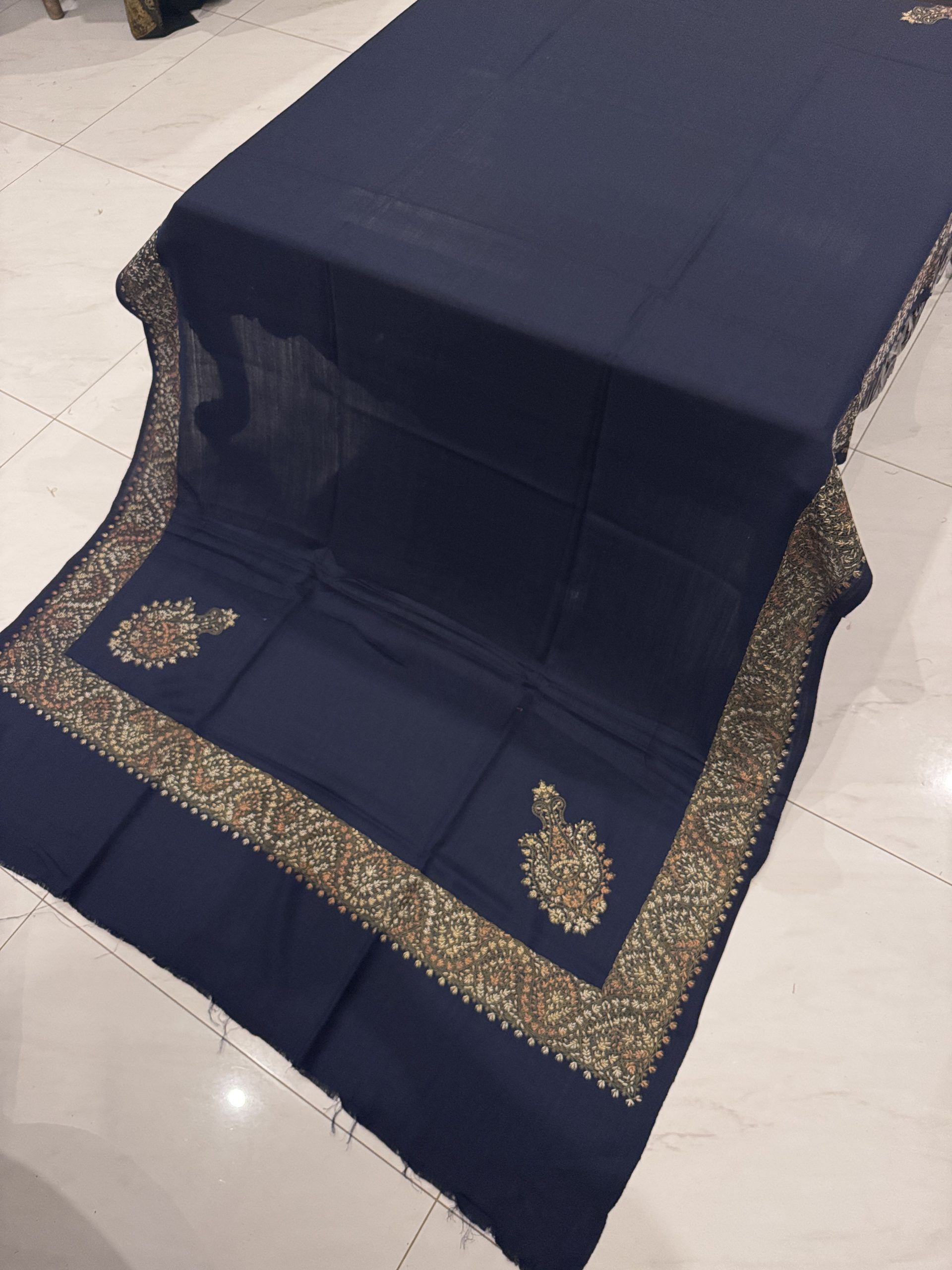 Navy Blue Border Embroidered Pashmina Shawl