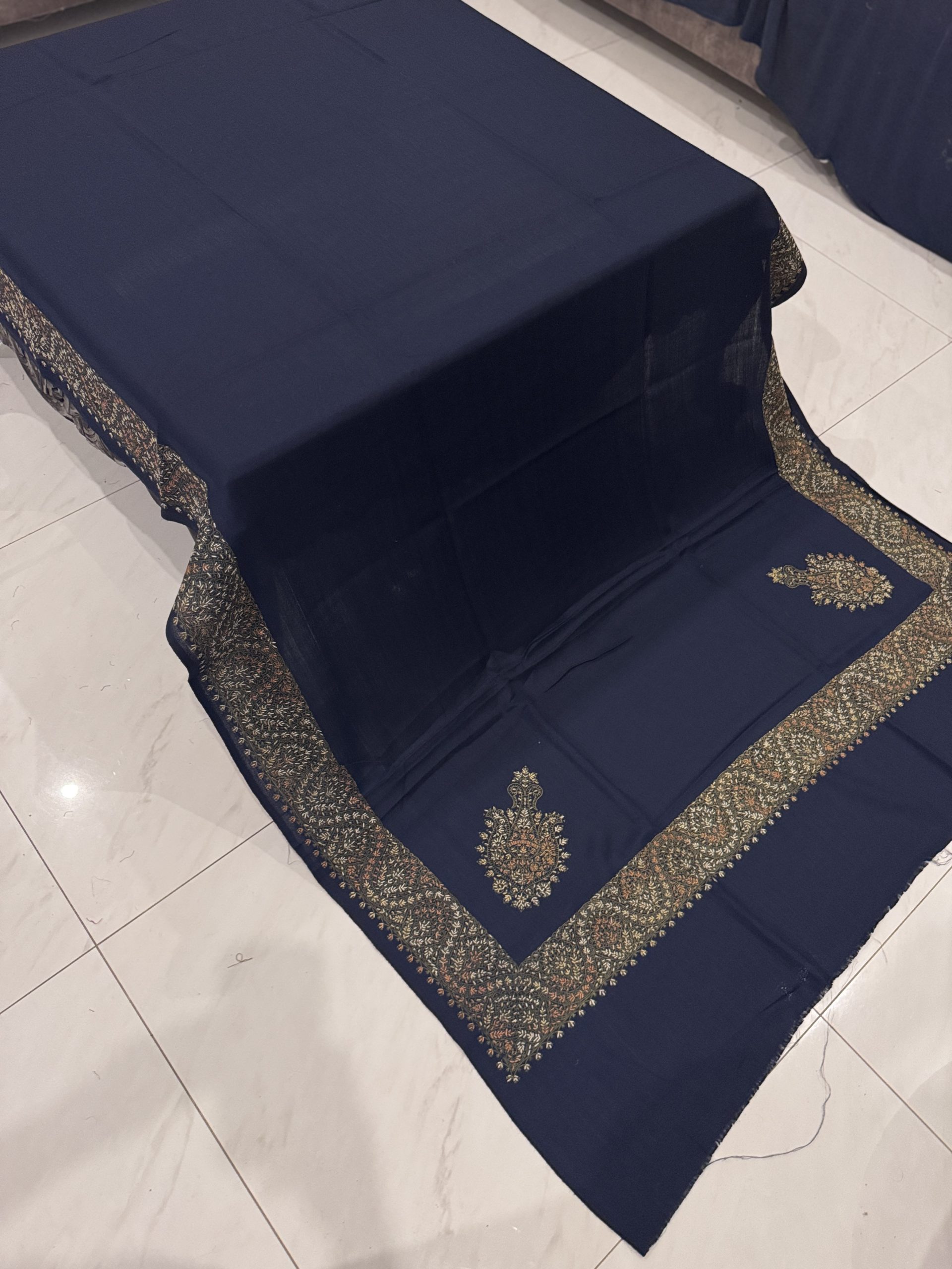Navy Blue Border Embroidered Pashmina Shawl - Image 2