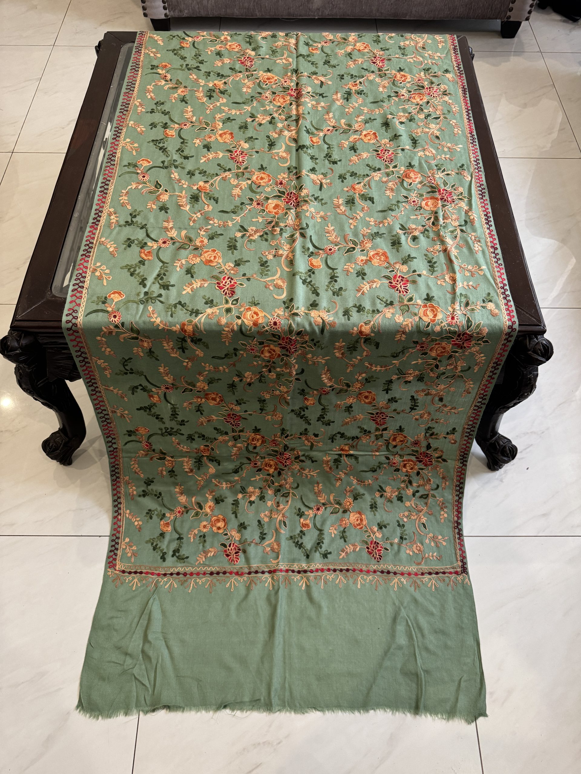 Sage Green Pashmina Stole with Floral Embroidery (28×80 inches)