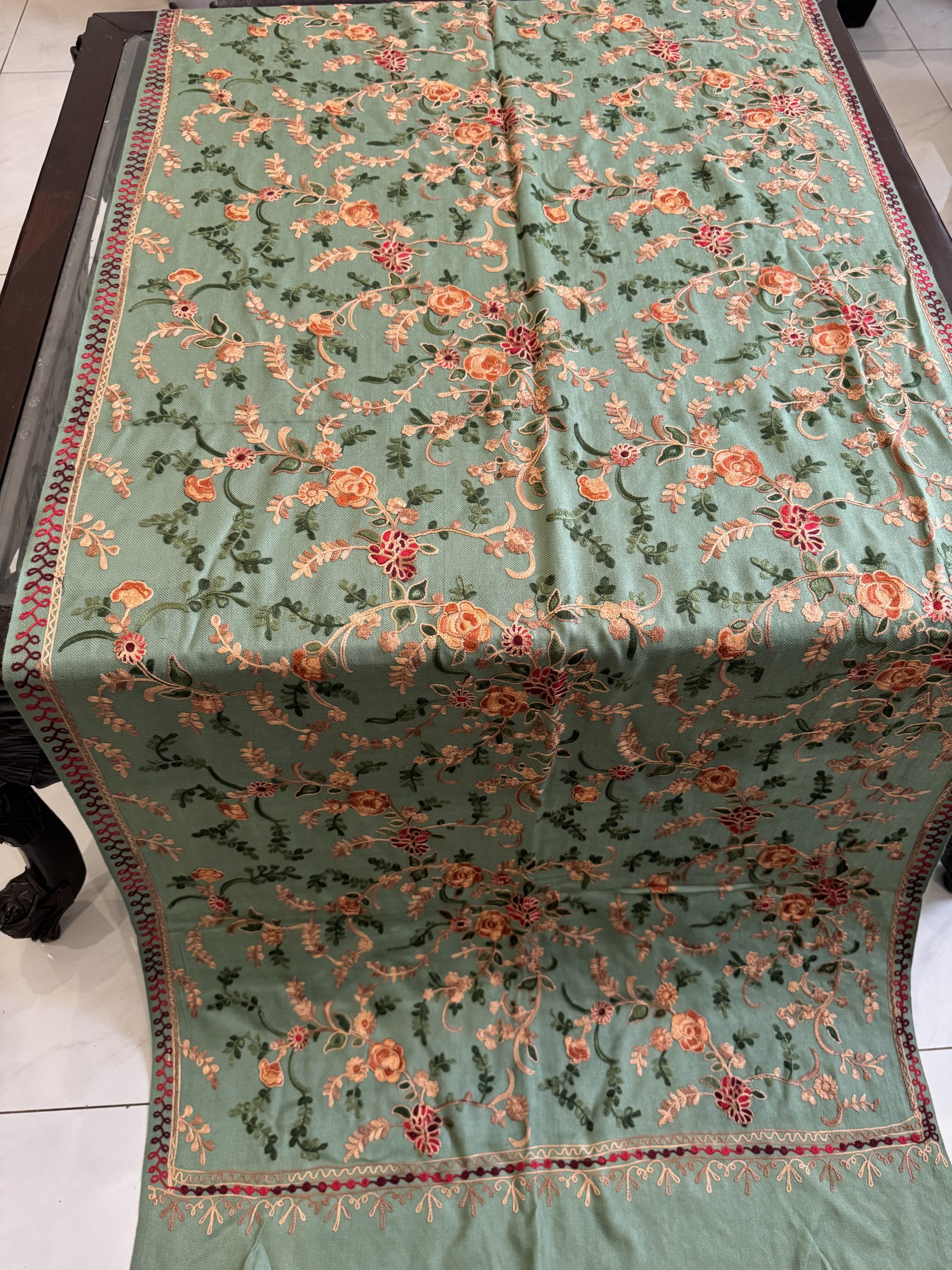 Sage Green Pashmina Stole with Floral Embroidery (28×80 inches) - Image 2