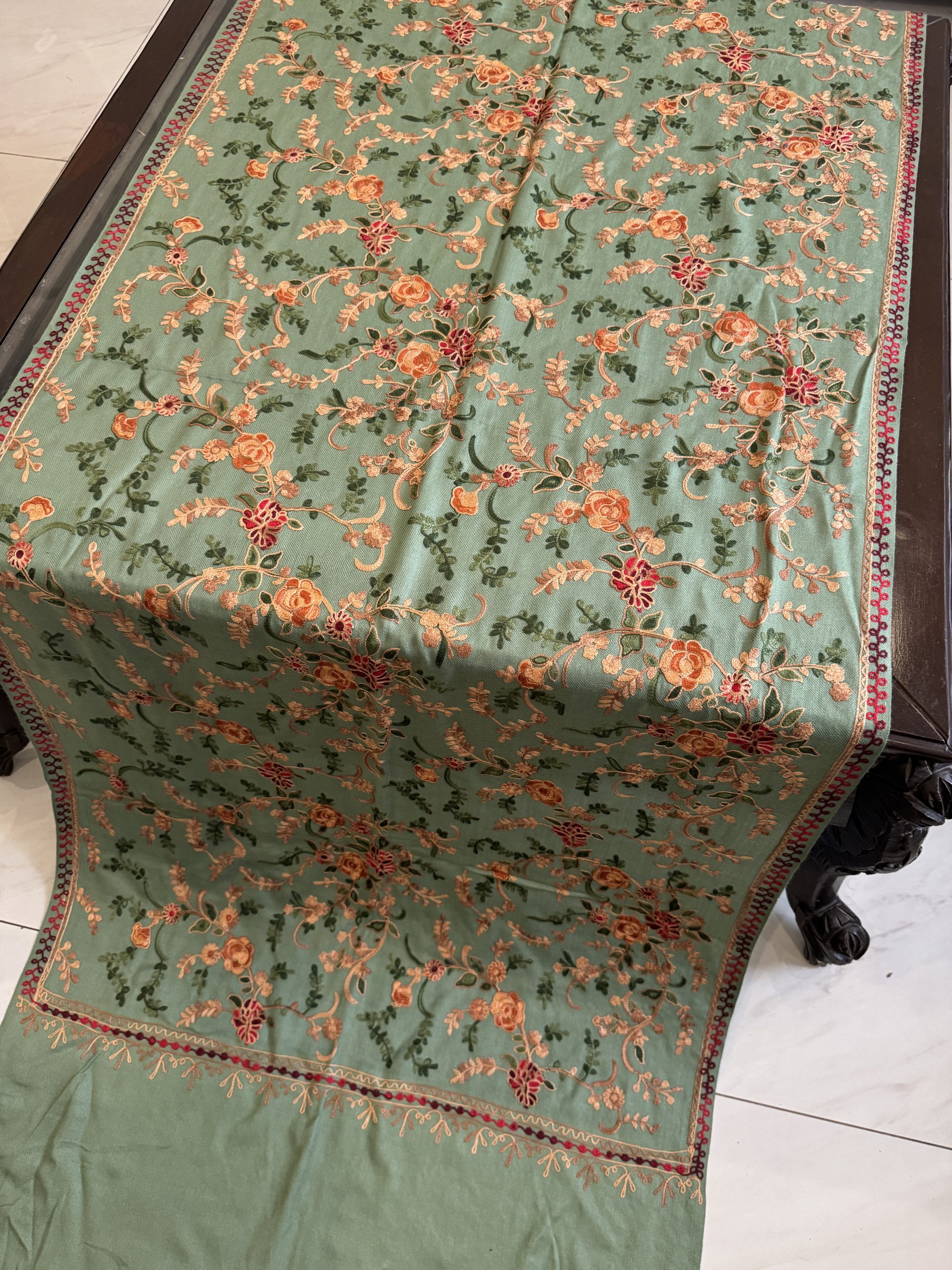 Sage Green Pashmina Stole with Floral Embroidery (28×80 inches) - Image 3