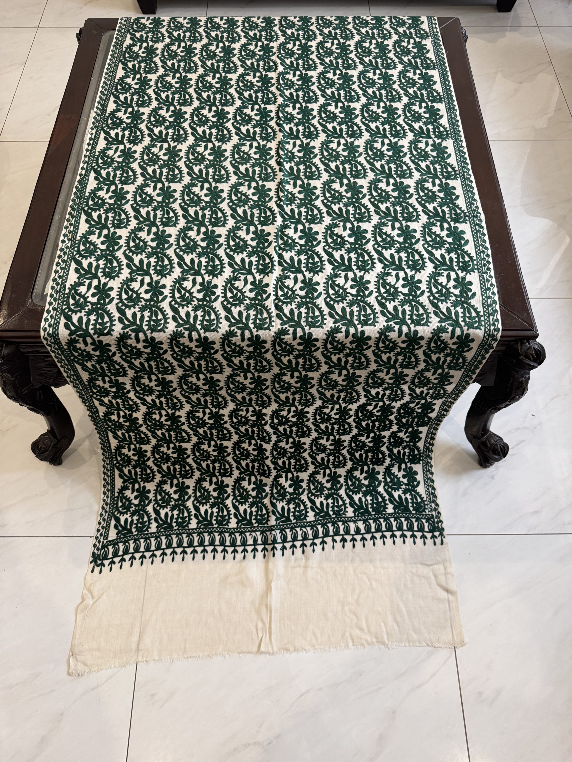Ivory Pashmina Stole with Dark Green Floral Embroidery (28×80 inches)