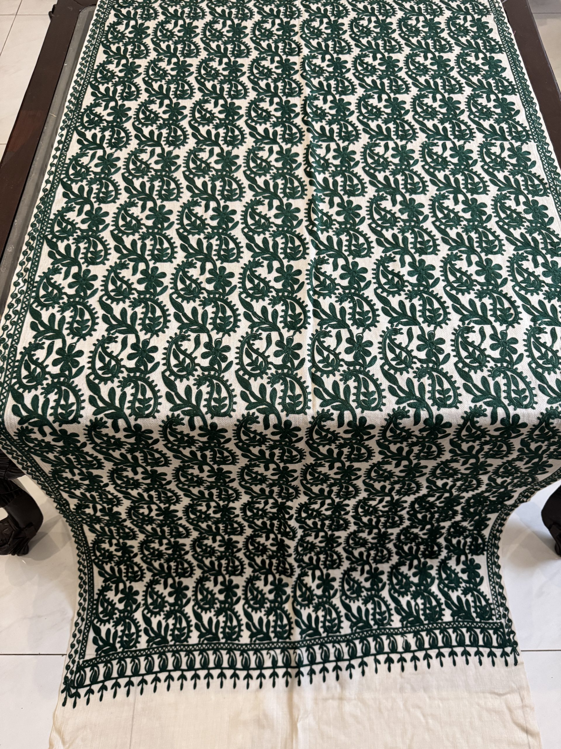 Ivory Pashmina Stole with Dark Green Floral Embroidery (28×80 inches) - Image 2