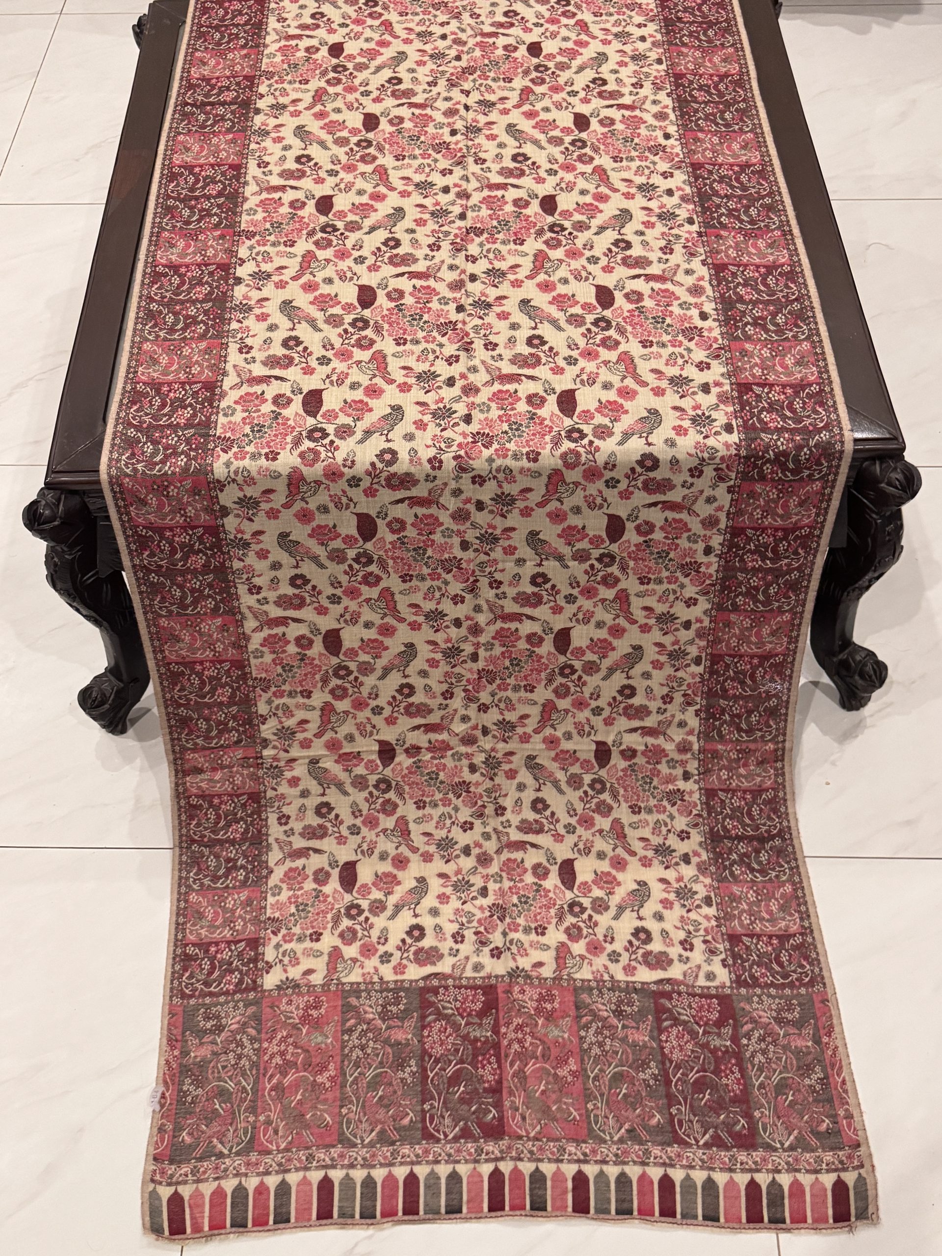 Beige Kani Pashmina Stole with Floral & Bird Motif Weave (28×70 inches)